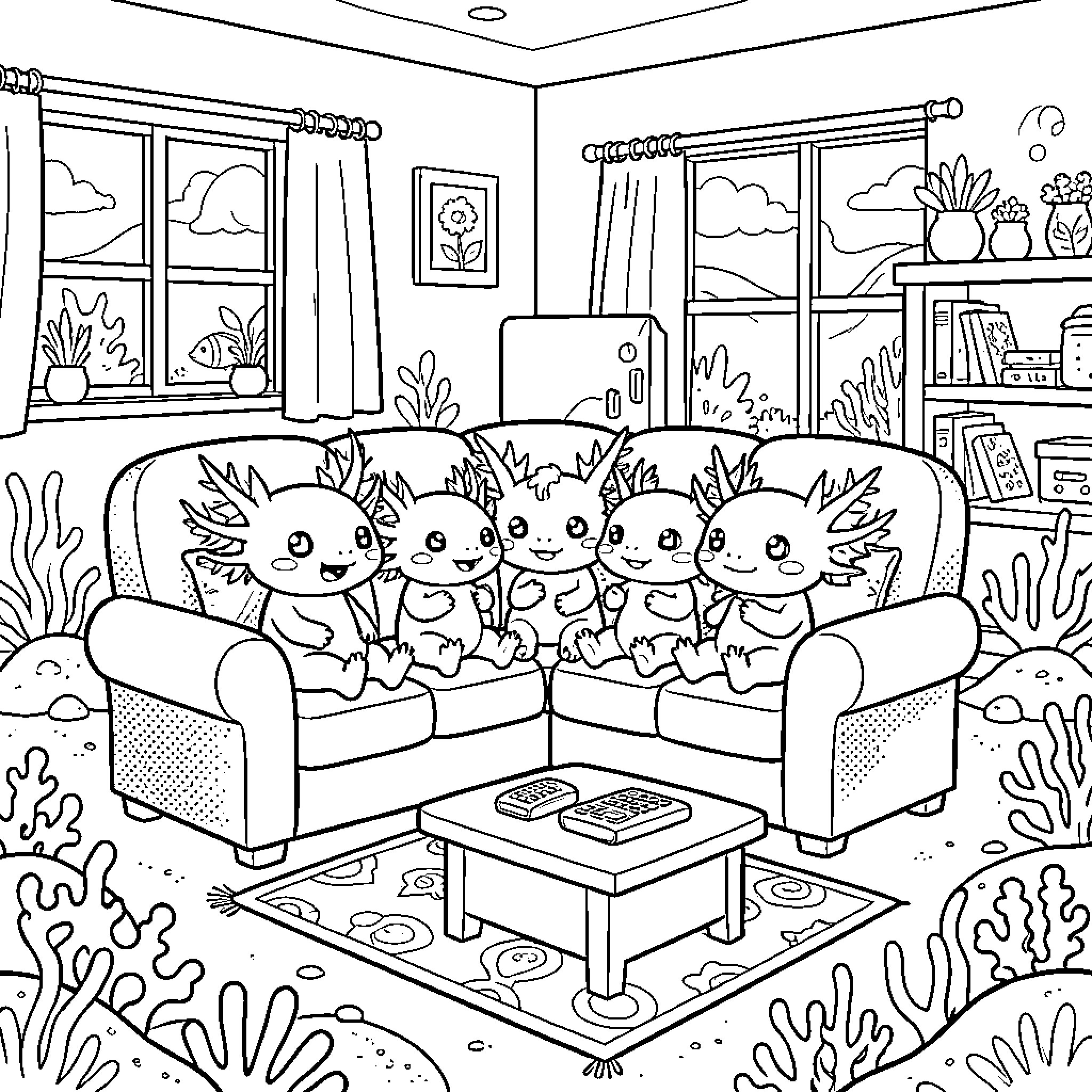 Axolotls enjoying a cozy indoor scene Coloring Page (free black-and-white line drawing printable PDF for all, from beginners to advanced learners, including children, teens, adults, and seniors)