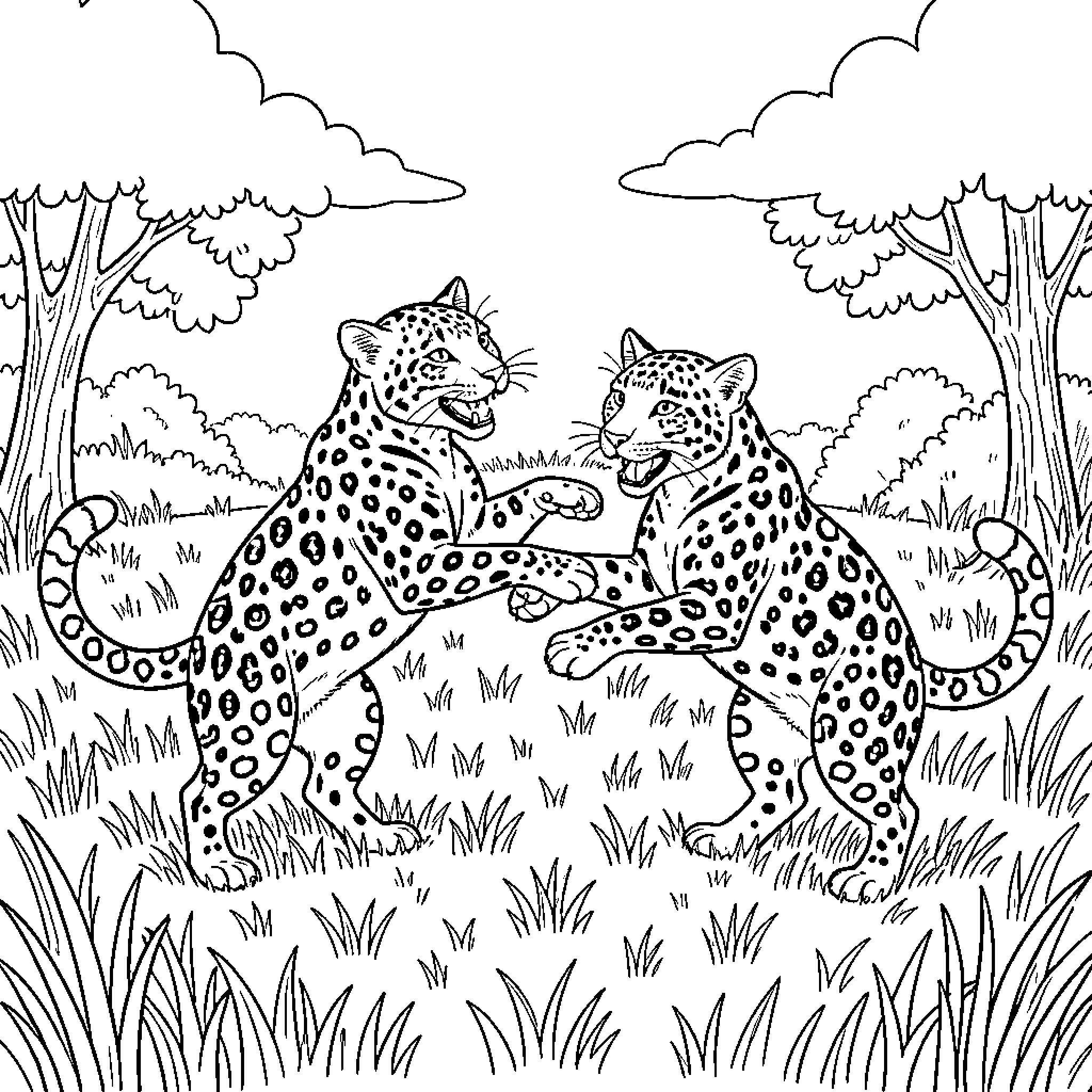 Leopard Puppies Playing in the Forest Coloring Page (free black-and-white line drawing printable PDF for all, from beginners to advanced learners, including children, teens, adults, and seniors)