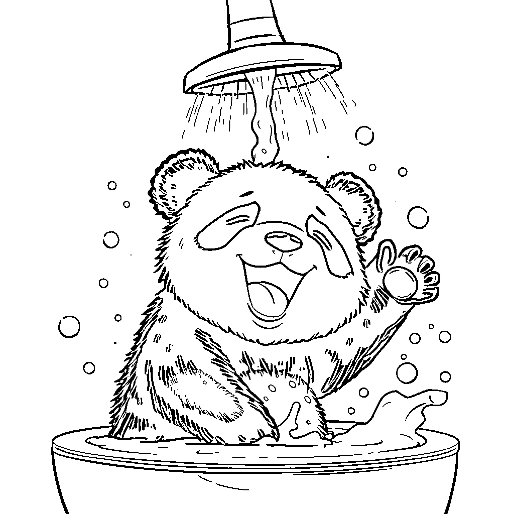 Panda enjoying a relaxing shower Coloring Page (free black-and-white line drawing printable PDF for all, from beginners to advanced learners, including children, teens, adults, and seniors)
