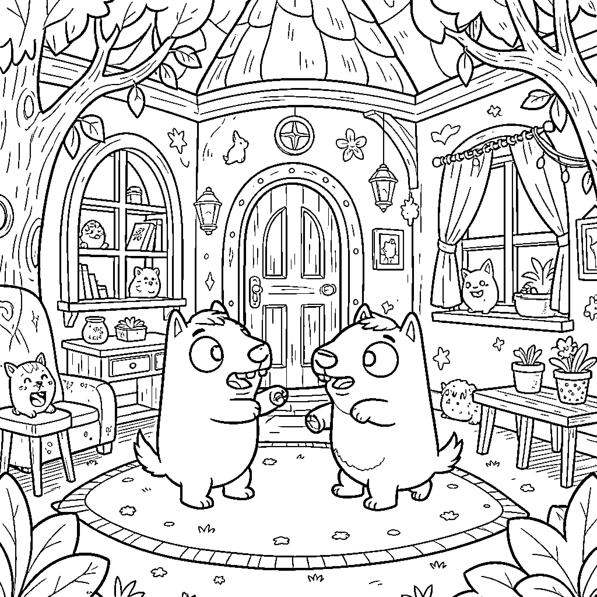 Bluey's Cozy Cabin Retreat Coloring Page (free black-and-white line drawing printable PDF for all, from beginners to advanced learners, including children, teens, adults, and seniors)