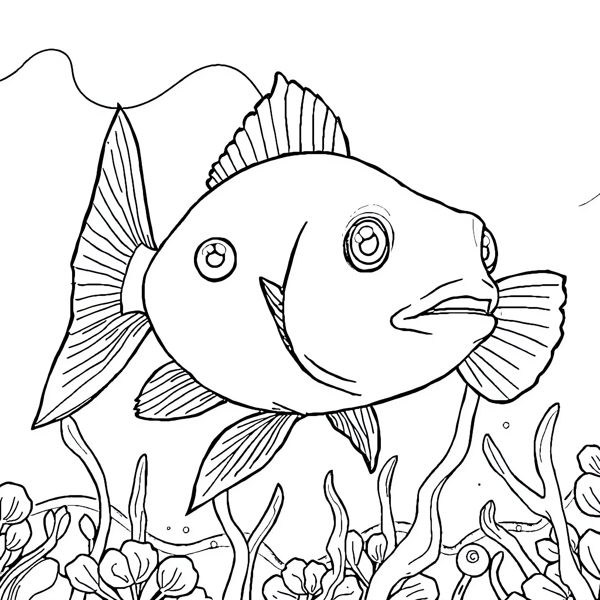 Poisson swimming among aquatic flora Coloring Page (free black-and-white line drawing printable PDF for all, from beginners to advanced learners, including children, teens, adults, and seniors)