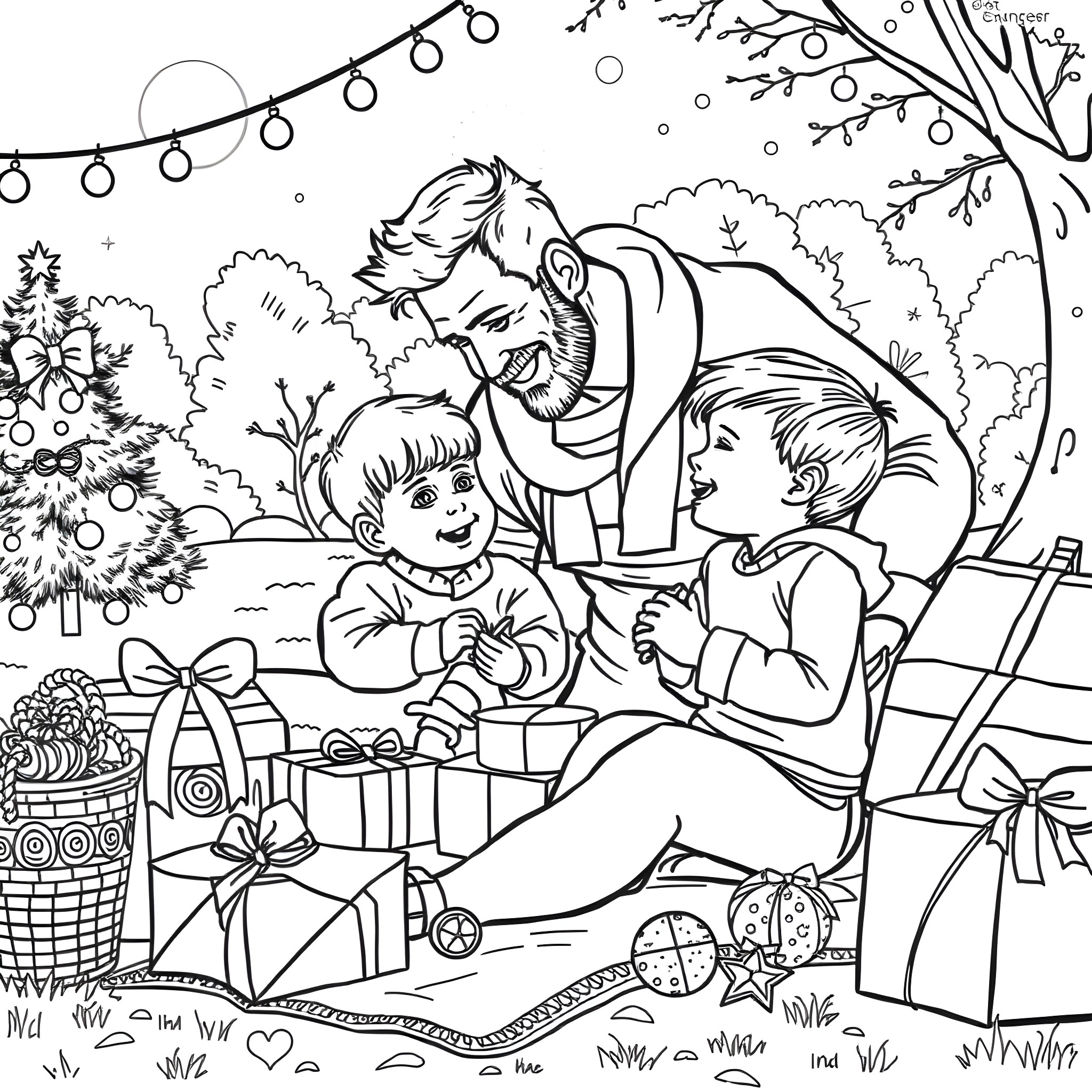 Father sharing joy and gifts with children on Christmas Coloring Page (free black-and-white line drawing printable PDF for all, from beginners to advanced learners, including children, teens, adults, and seniors)