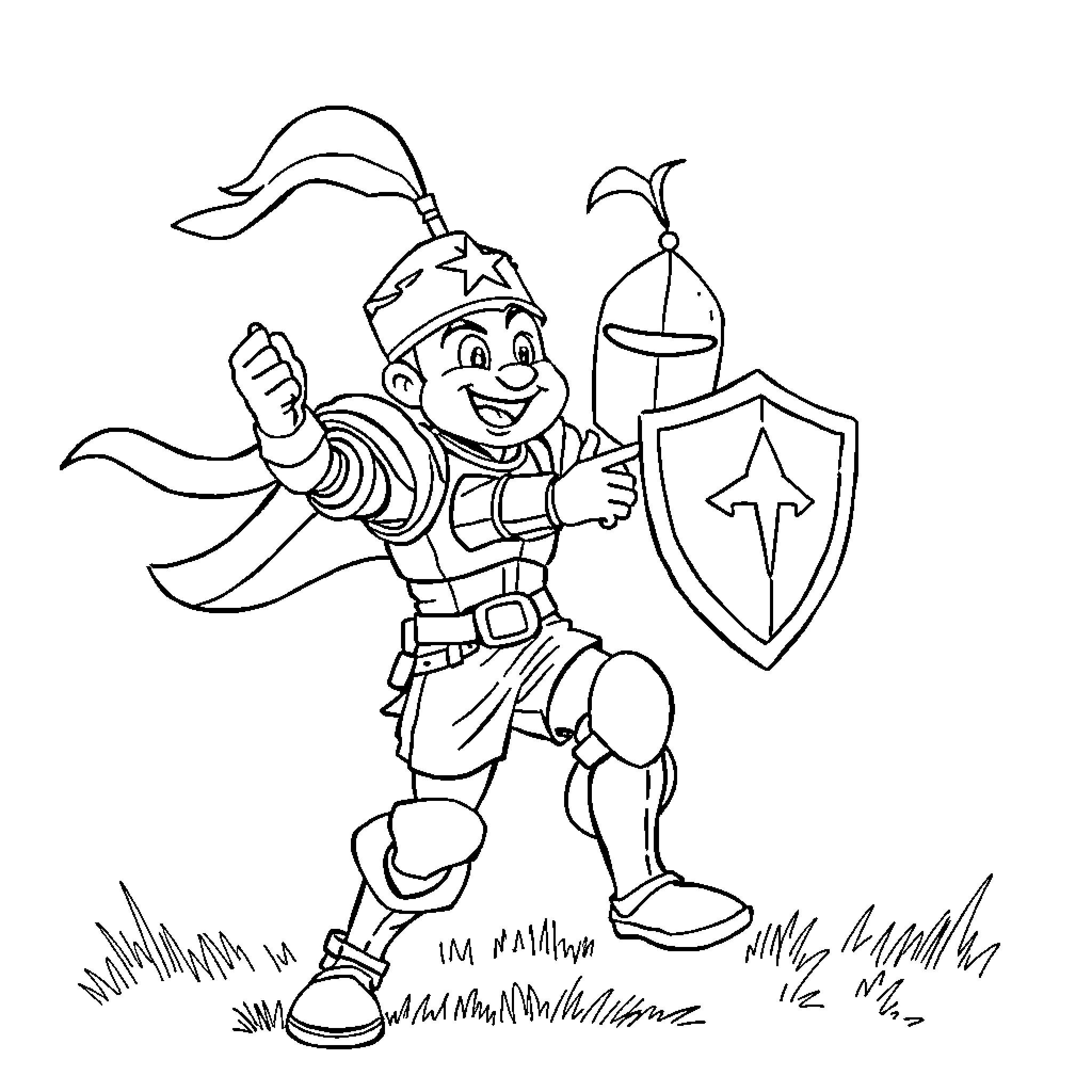 Patriot Soldier Proudly Wielding Shield and Sword Coloring Page (free black-and-white line drawing printable PDF for all, from beginners to advanced learners, including children, teens, adults, and seniors)
