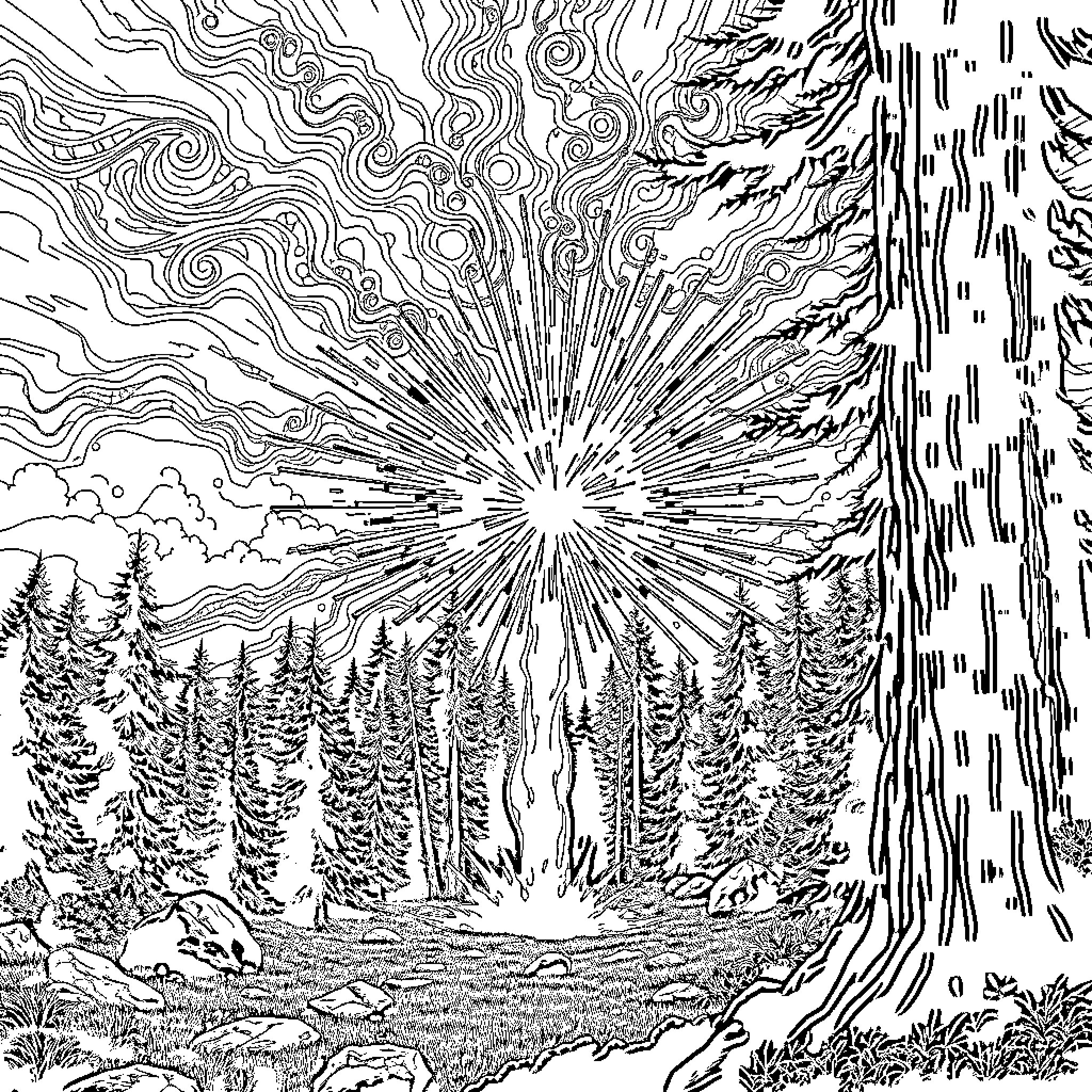 Forest Landscape with Radiant Sunburst Coloring Page (free black-and-white line drawing printable PDF for all, from beginners to advanced learners, including children, teens, adults, and seniors)