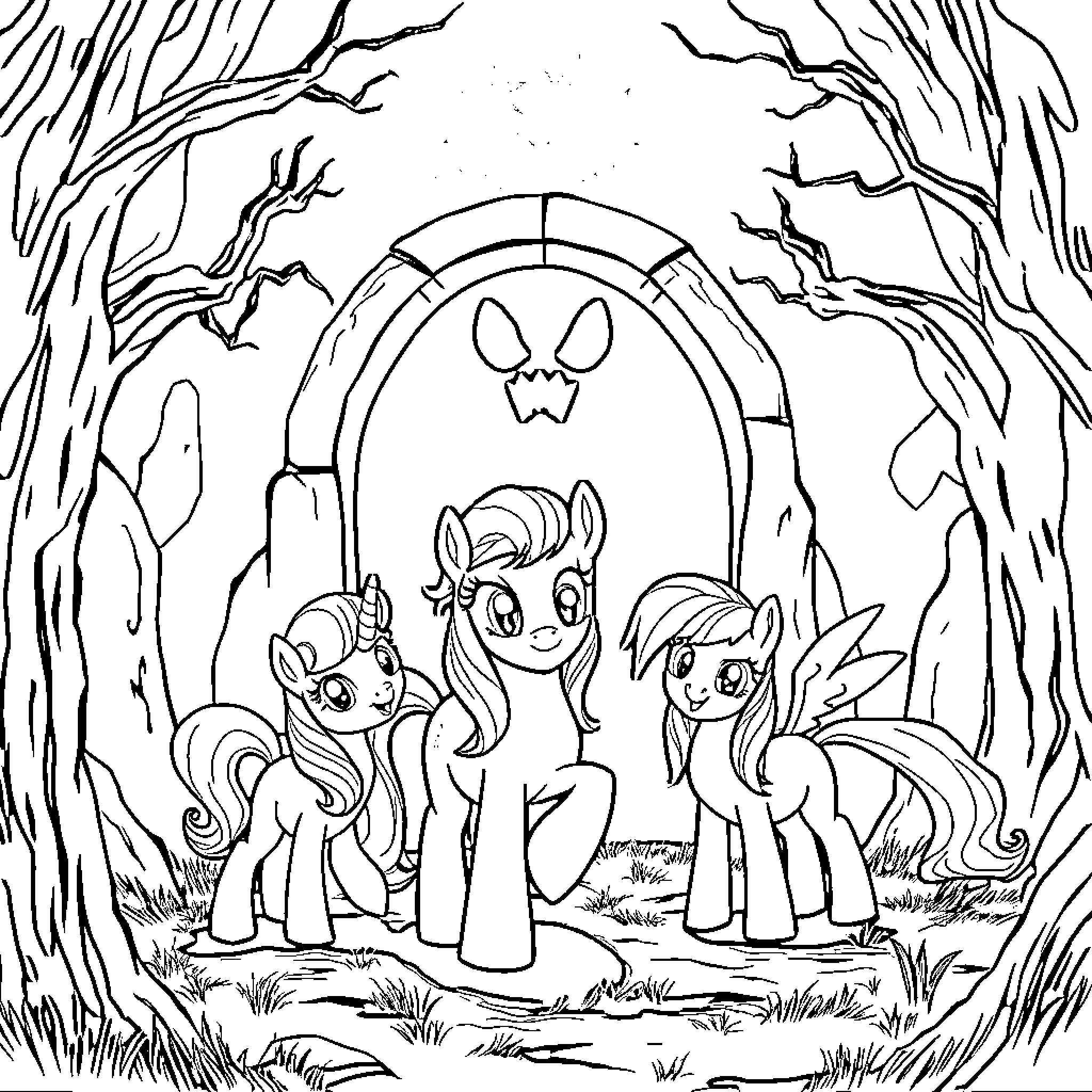 Pony friends exploring magical forest arch Coloring Page (free black-and-white line drawing printable PDF for all, from beginners to advanced learners, including children, teens, adults, and seniors)