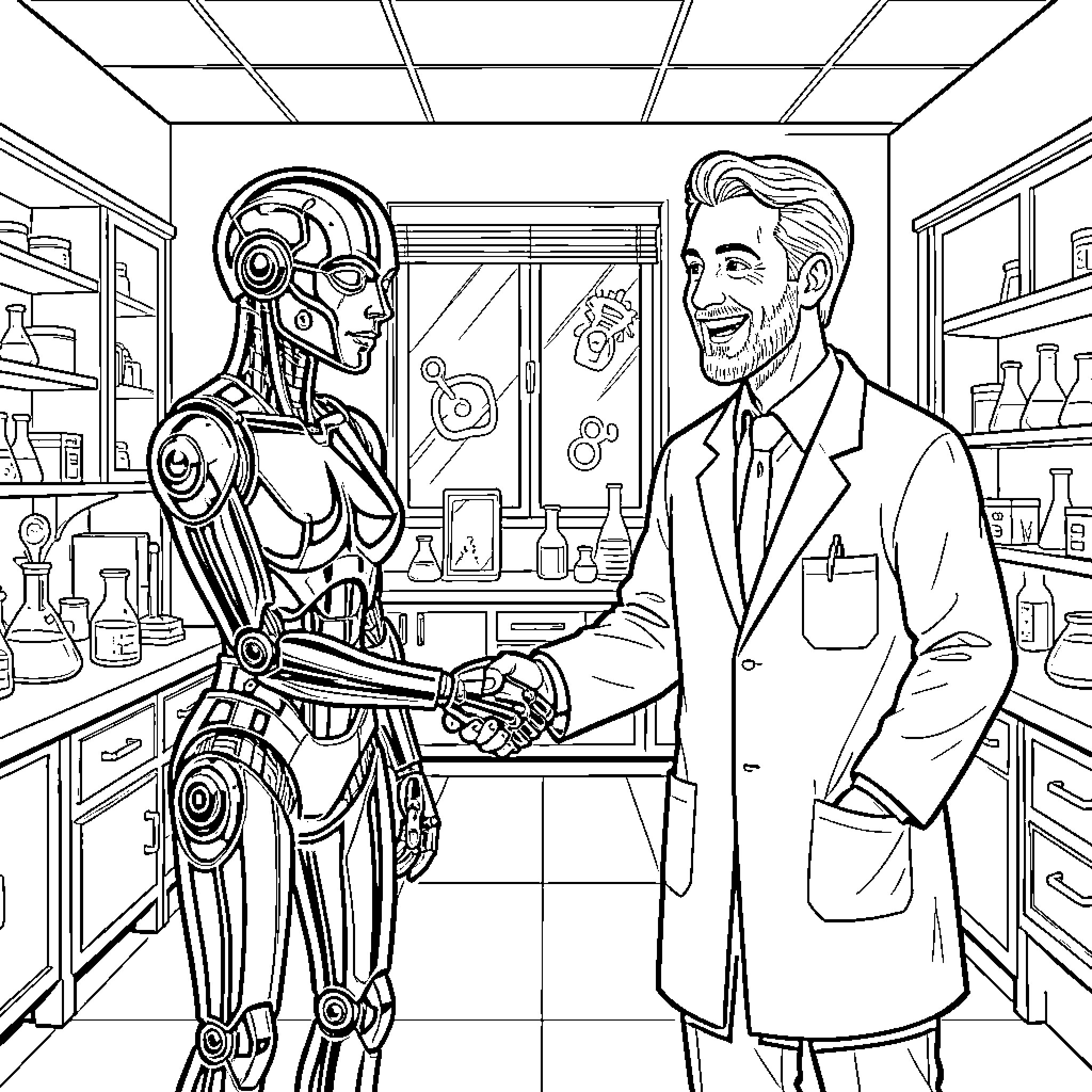 Android scientist and his robotic assistant in the lab Coloring Page (free black-and-white line drawing printable PDF for all, from beginners to advanced learners, including children, teens, adults, and seniors)