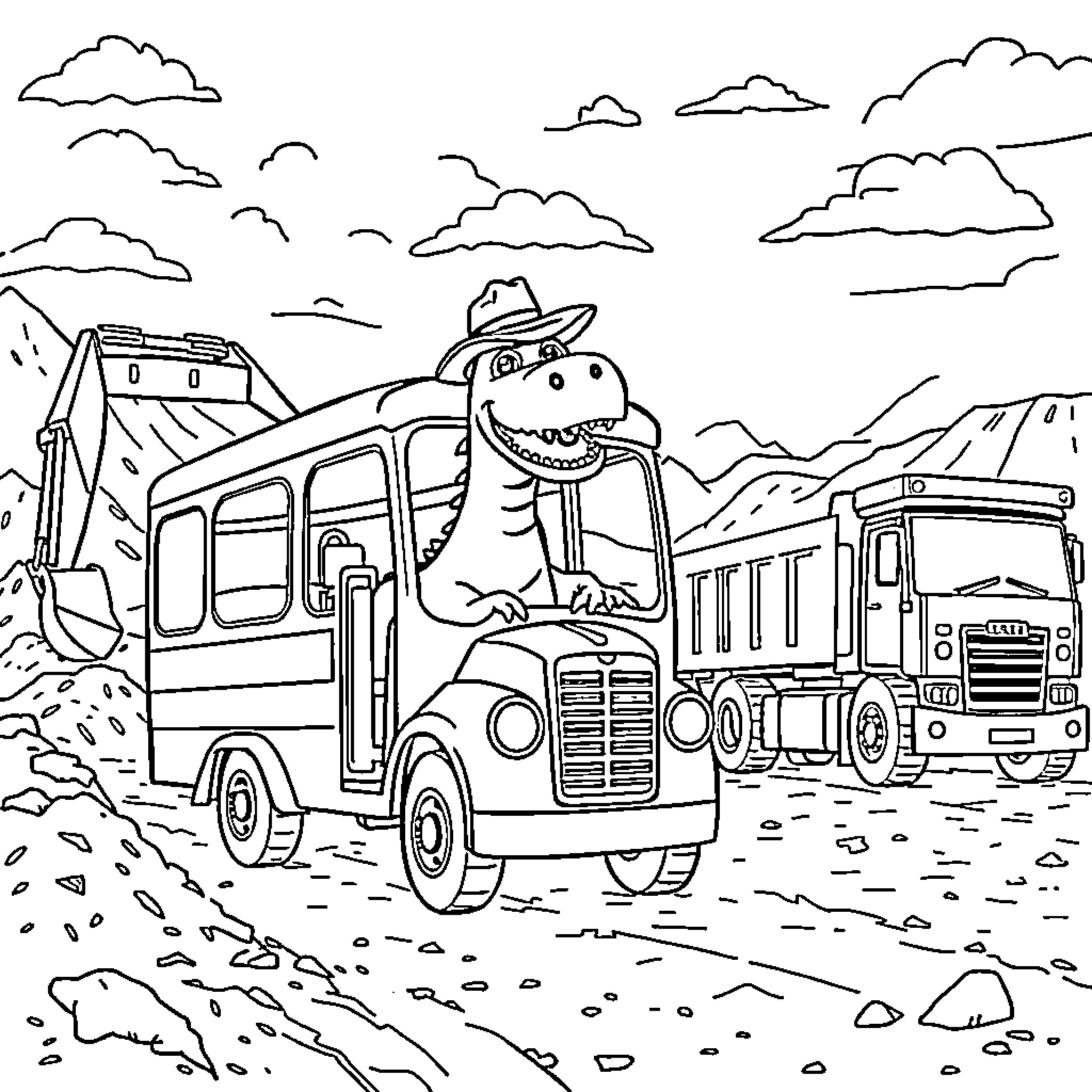 Dinosaur driving heavy construction vehicles on the road Coloring Page (free black-and-white line drawing printable PDF for all, from beginners to advanced learners, including children, teens, adults, and seniors)
