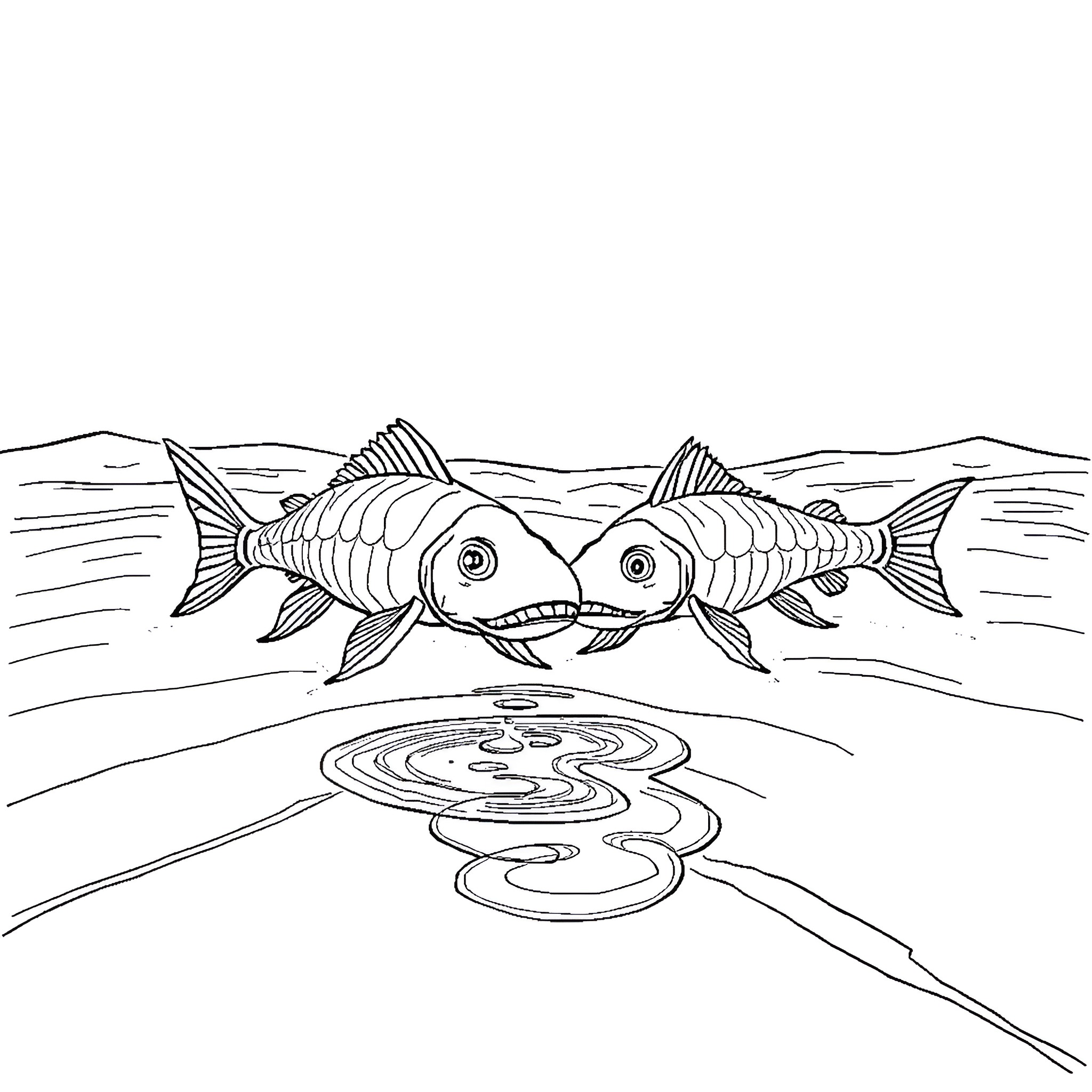 Catfish swimming playfully in the ocean Coloring Page (free black-and-white line drawing printable PDF for all, from beginners to advanced learners, including children, teens, adults, and seniors)