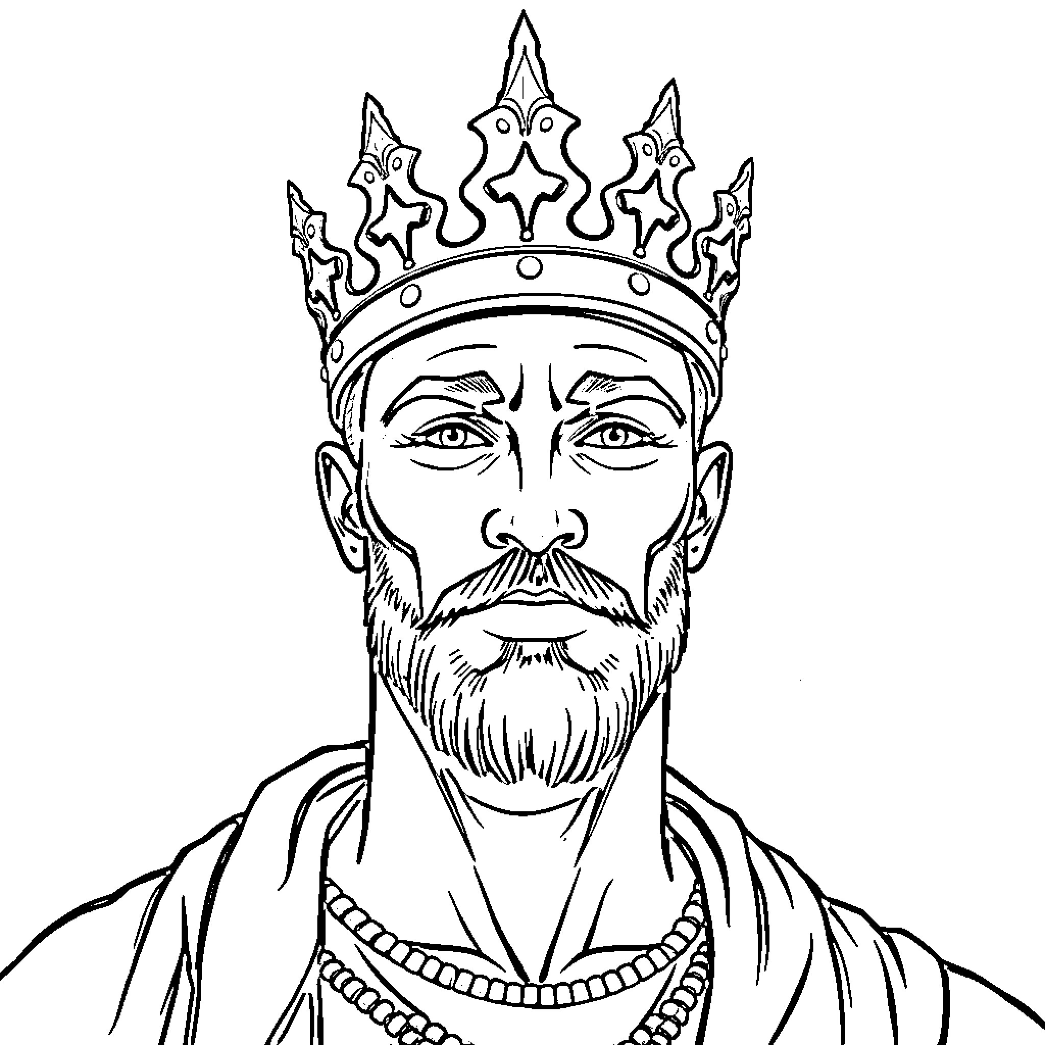 Man in Regal Attire and Crown Coloring Page (free black-and-white line drawing printable PDF for all, from beginners to advanced learners, including children, teens, adults, and seniors)