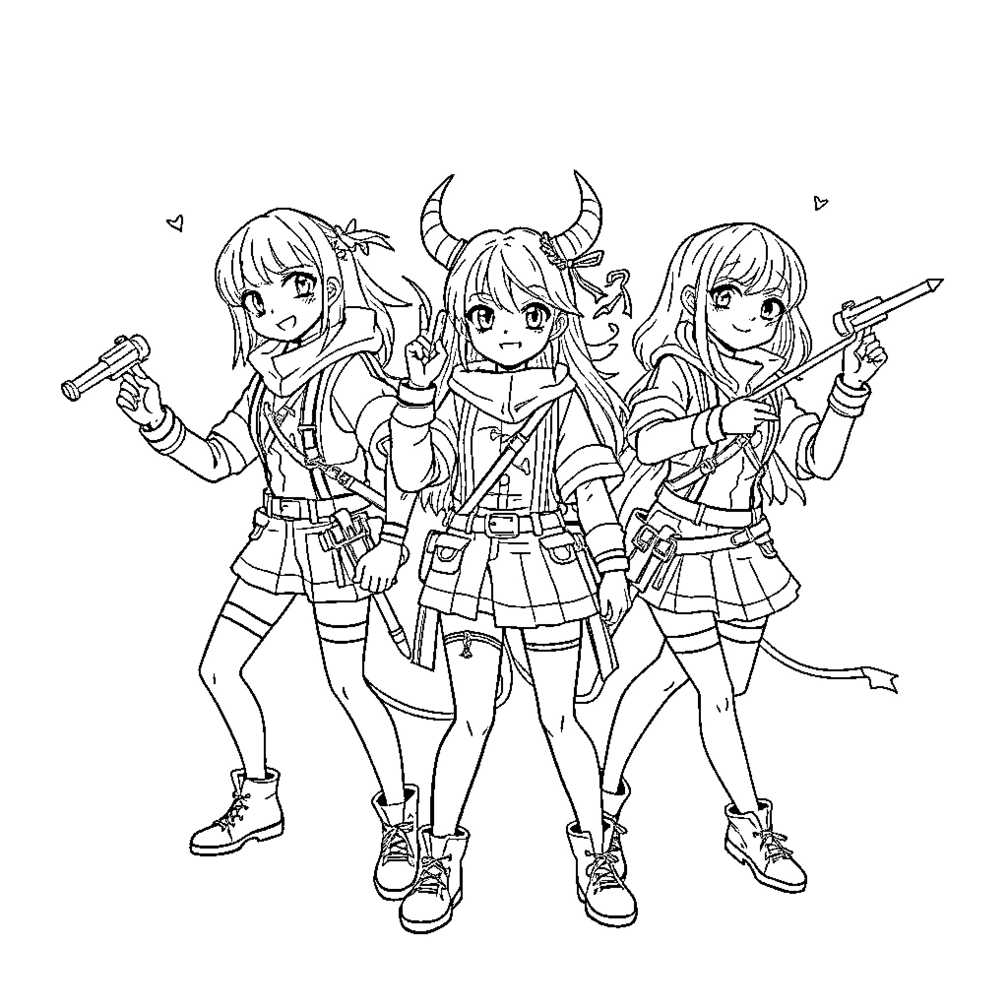 Kpop Demon Hunters in Action Coloring Page (free black-and-white line drawing printable PDF for all, from beginners to advanced learners, including children, teens, adults, and seniors)