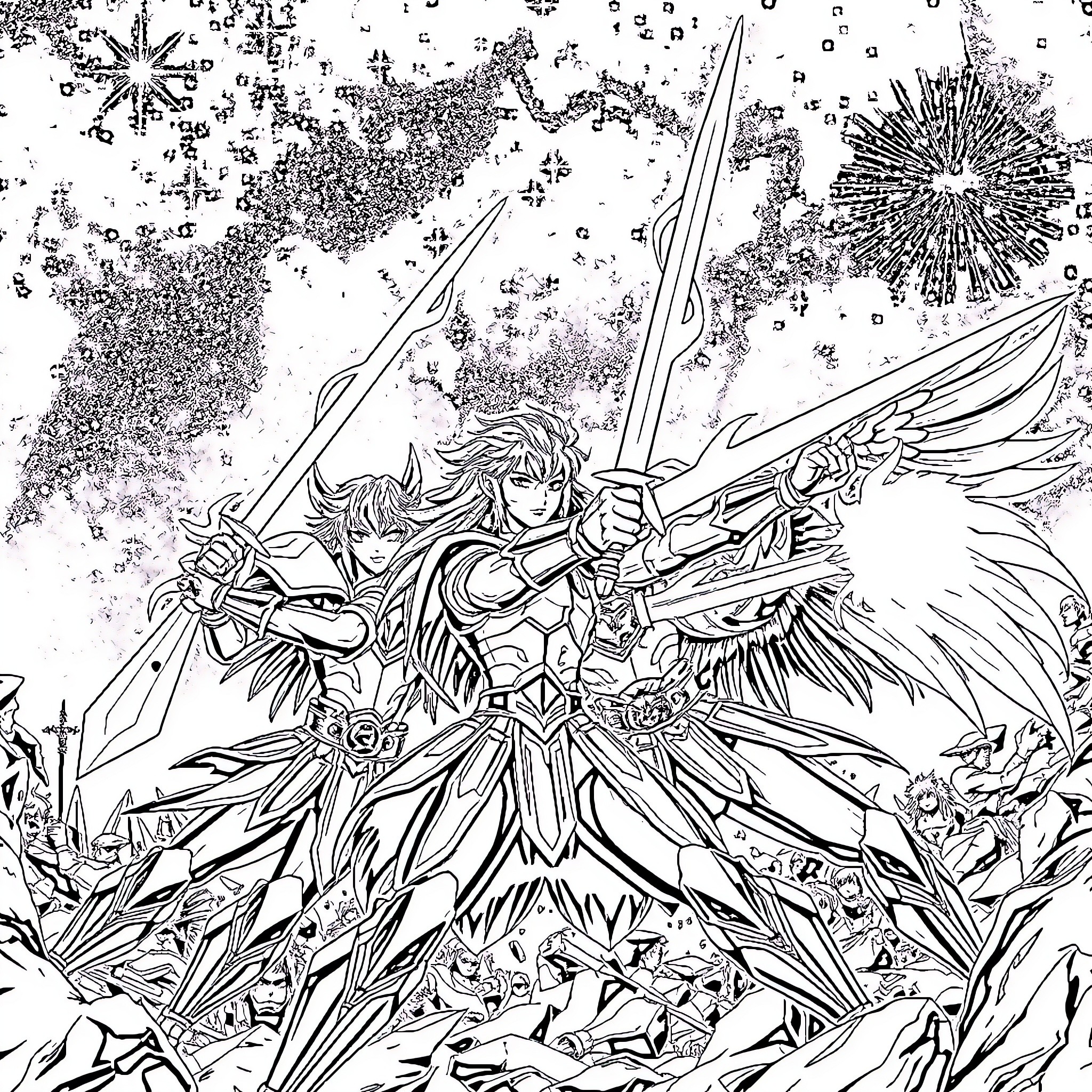 Saint Seiya: Legendary Warrior Spirits in Epic Battle Coloring Page (free black-and-white line drawing printable PDF for all, from beginners to advanced learners, including children, teens, adults, and seniors)