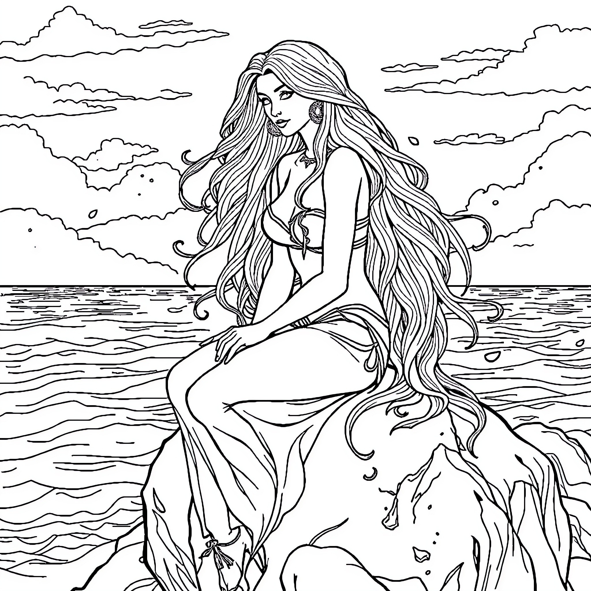 Mermaid gazing wistfully at the sea Coloring Page (free black-and-white line drawing printable PDF for all, from beginners to advanced learners, including children, teens, adults, and seniors)
