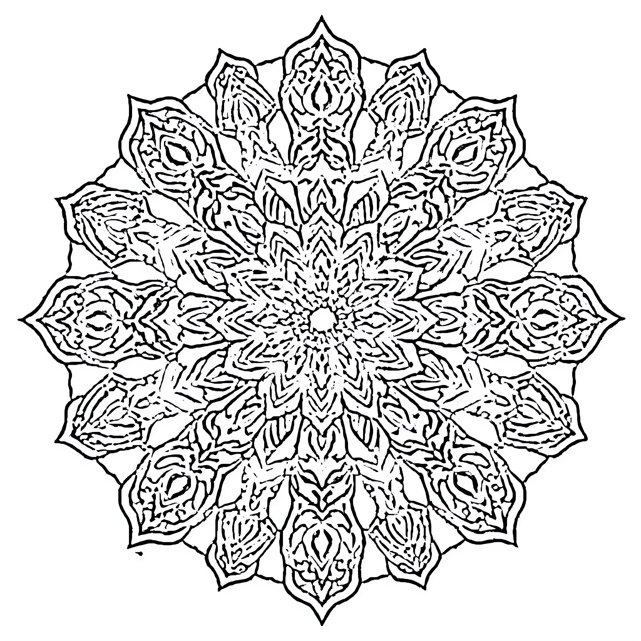 Mandala of intricate floral patterns Coloring Page (free black-and-white line drawing printable PDF for all, from beginners to advanced learners, including children, teens, adults, and seniors)