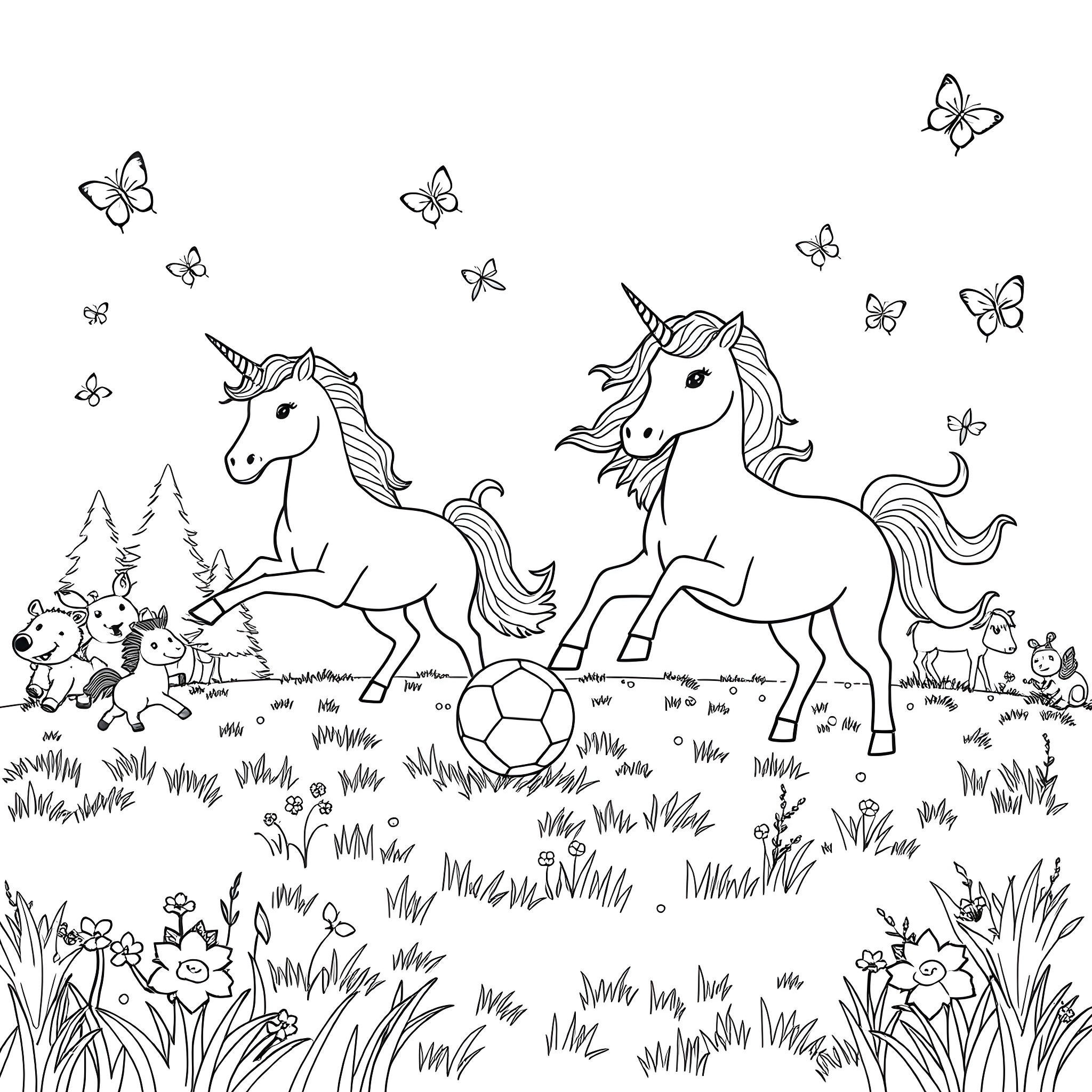 Unicorn friends playing happily in the meadow Coloring Page (free black-and-white line drawing printable PDF for all, from beginners to advanced learners, including children, teens, adults, and seniors)