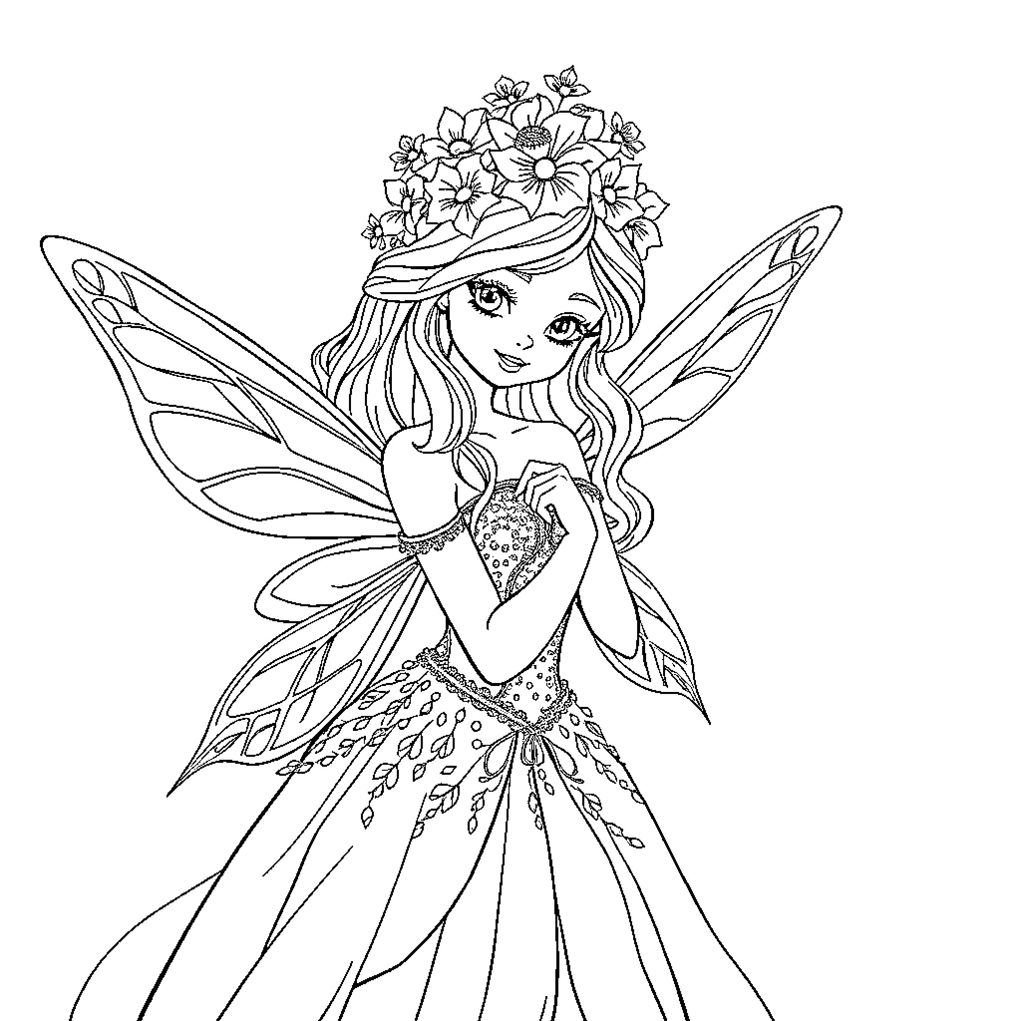 Fairy with floral crown and ornate dress Coloring Page (free black-and-white line drawing printable PDF for all, from beginners to advanced learners, including children, teens, adults, and seniors)