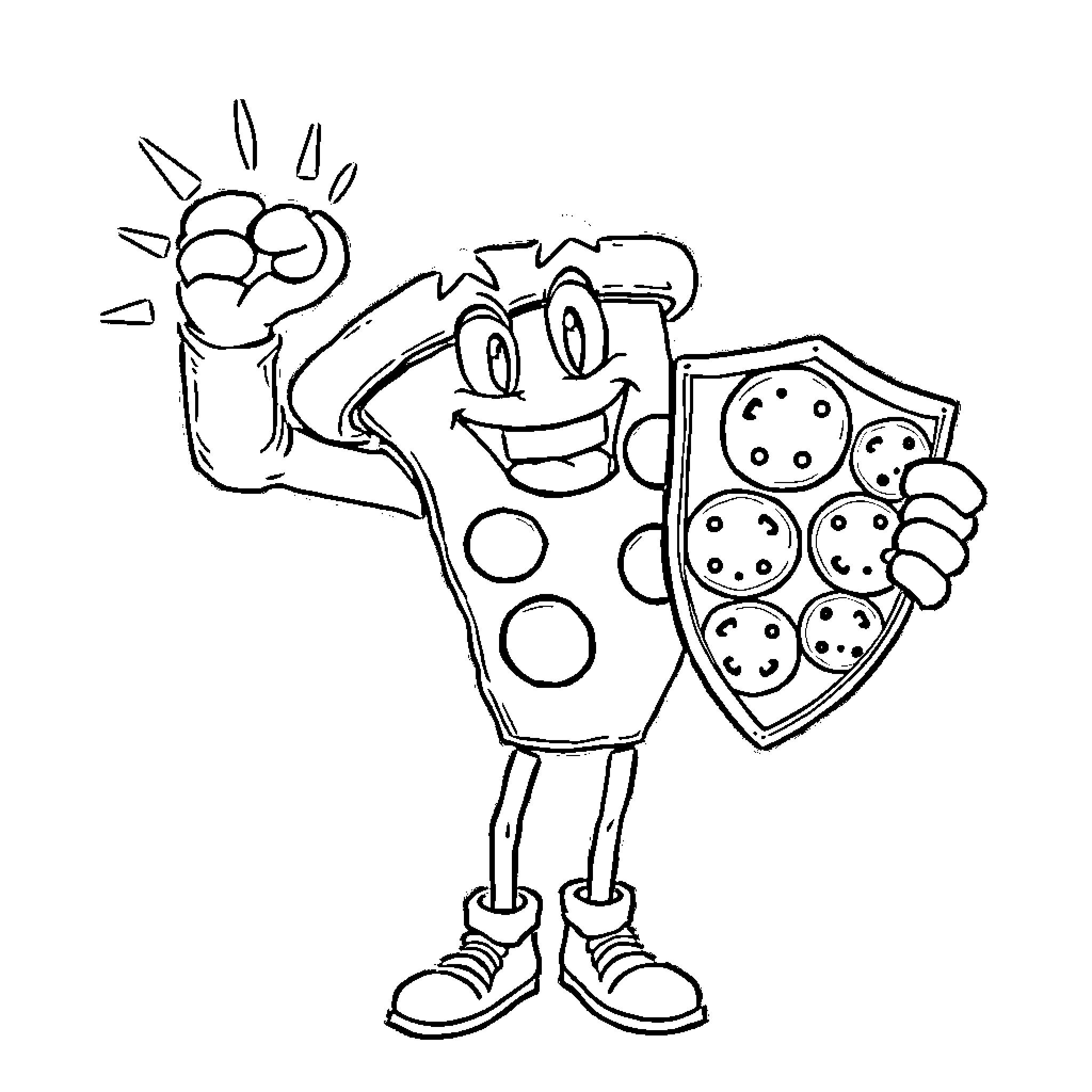 Pizza Slice character holding a pizza with delight Coloring Page (free black-and-white line drawing printable PDF for all, from beginners to advanced learners, including children, teens, adults, and seniors)