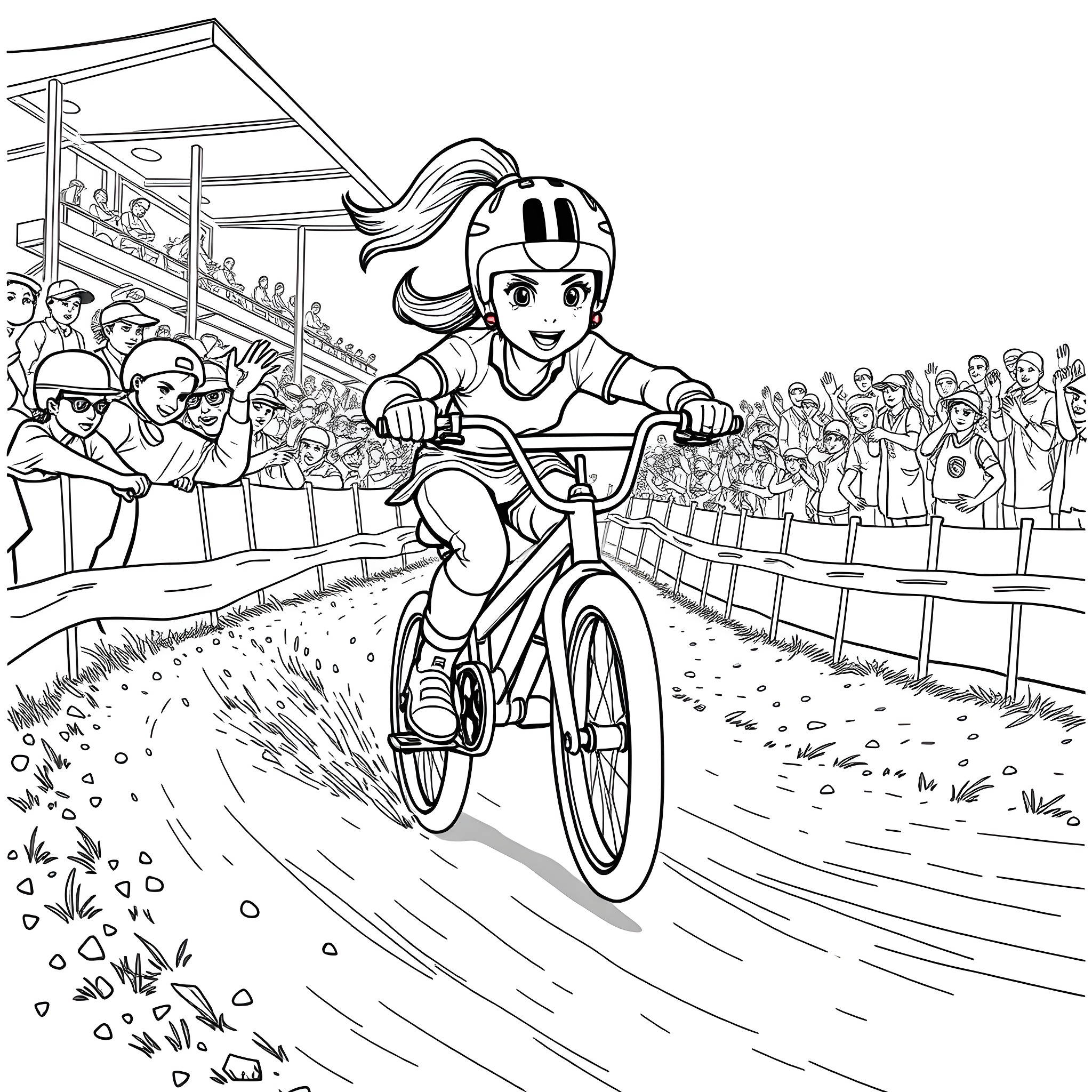 Girl Riding Bicycle in a Sports Event Coloring Page (free black-and-white line drawing printable PDF for all, from beginners to advanced learners, including children, teens, adults, and seniors)