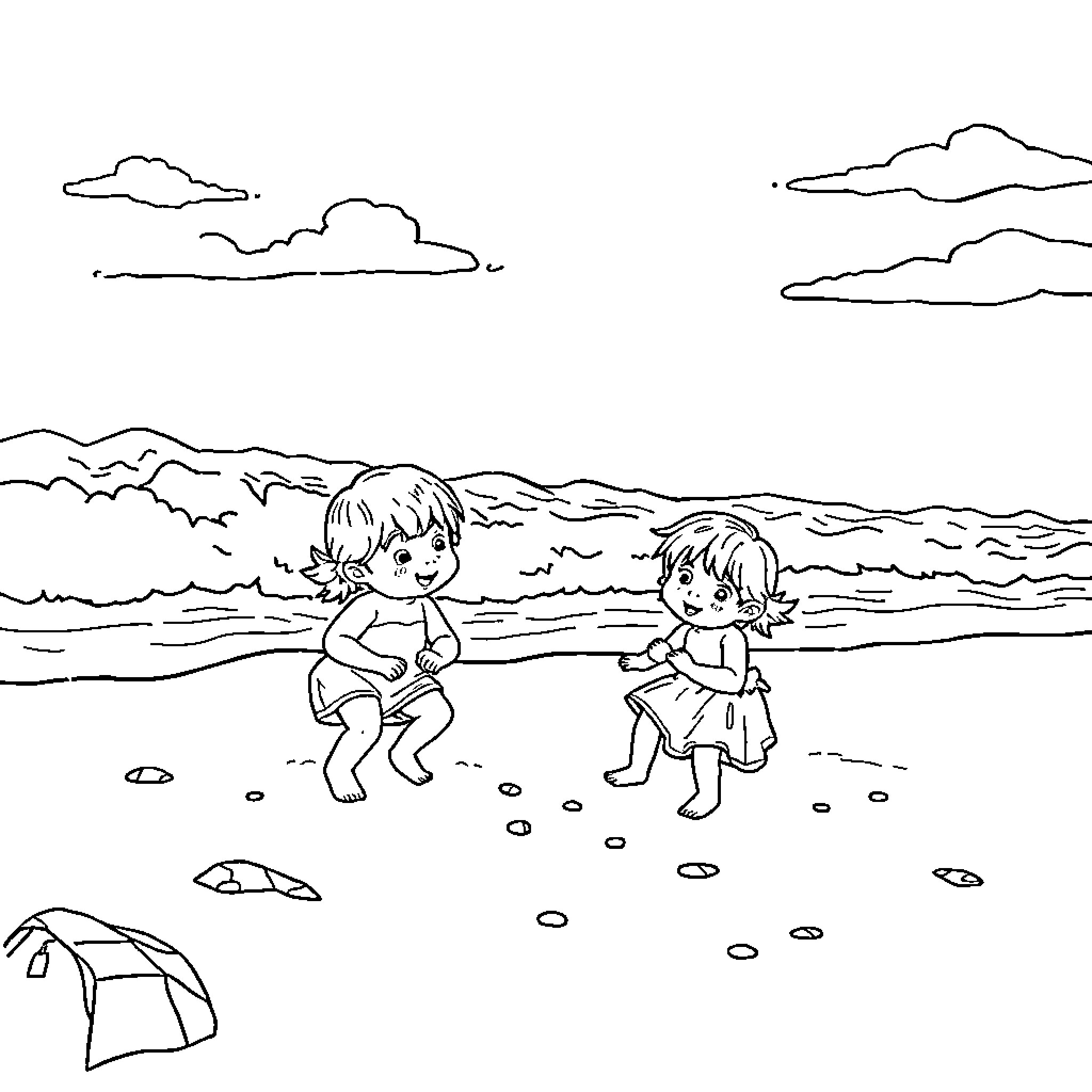 Bjørnis playing by the beach with friend Coloring Page (free black-and-white line drawing printable PDF for all, from beginners to advanced learners, including children, teens, adults, and seniors)