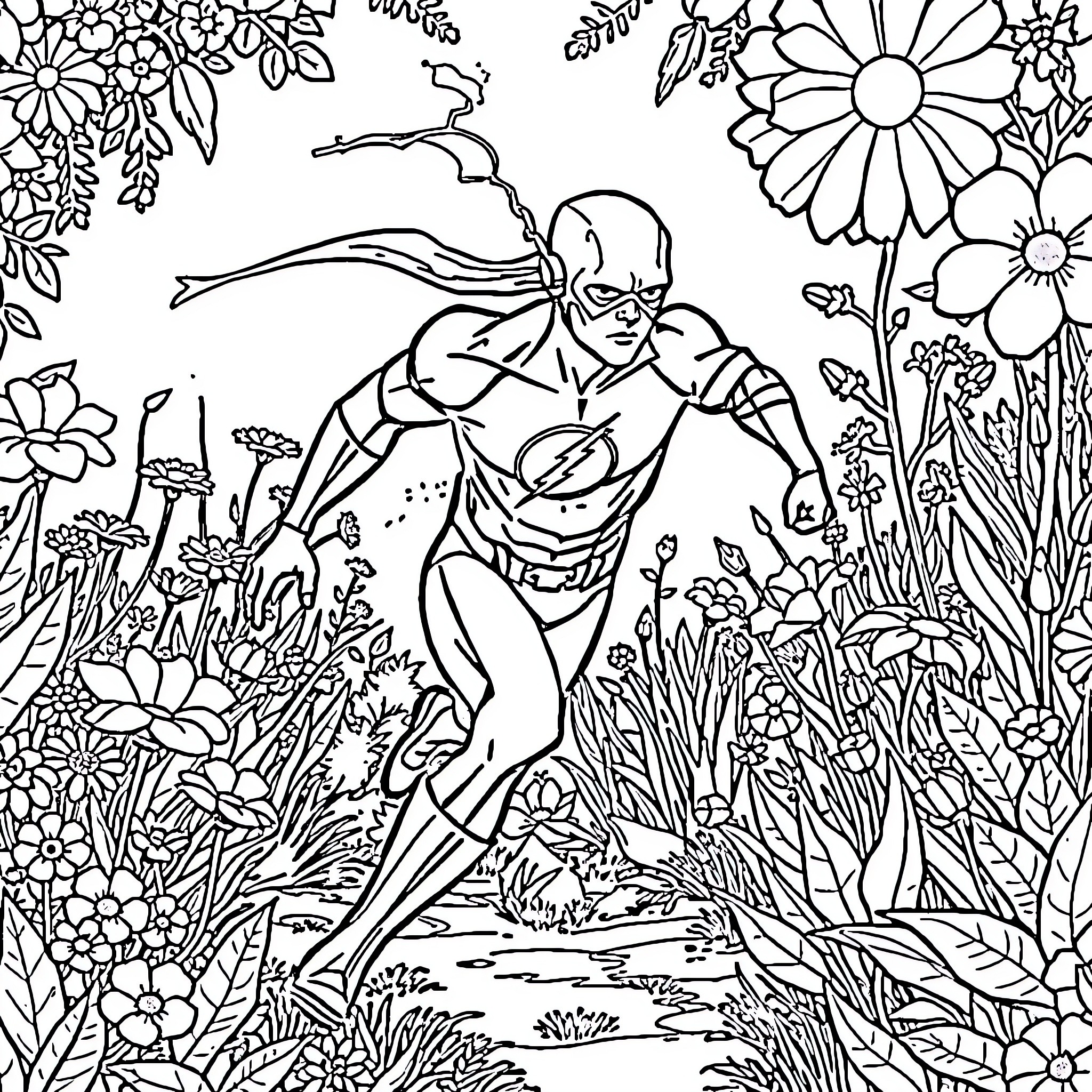Flash's Floral Frenzy: A Speedy Superhero in a Botanical Wonderland Coloring Page (free black-and-white line drawing printable PDF for all, from beginners to advanced learners, including children, teens, adults, and seniors)