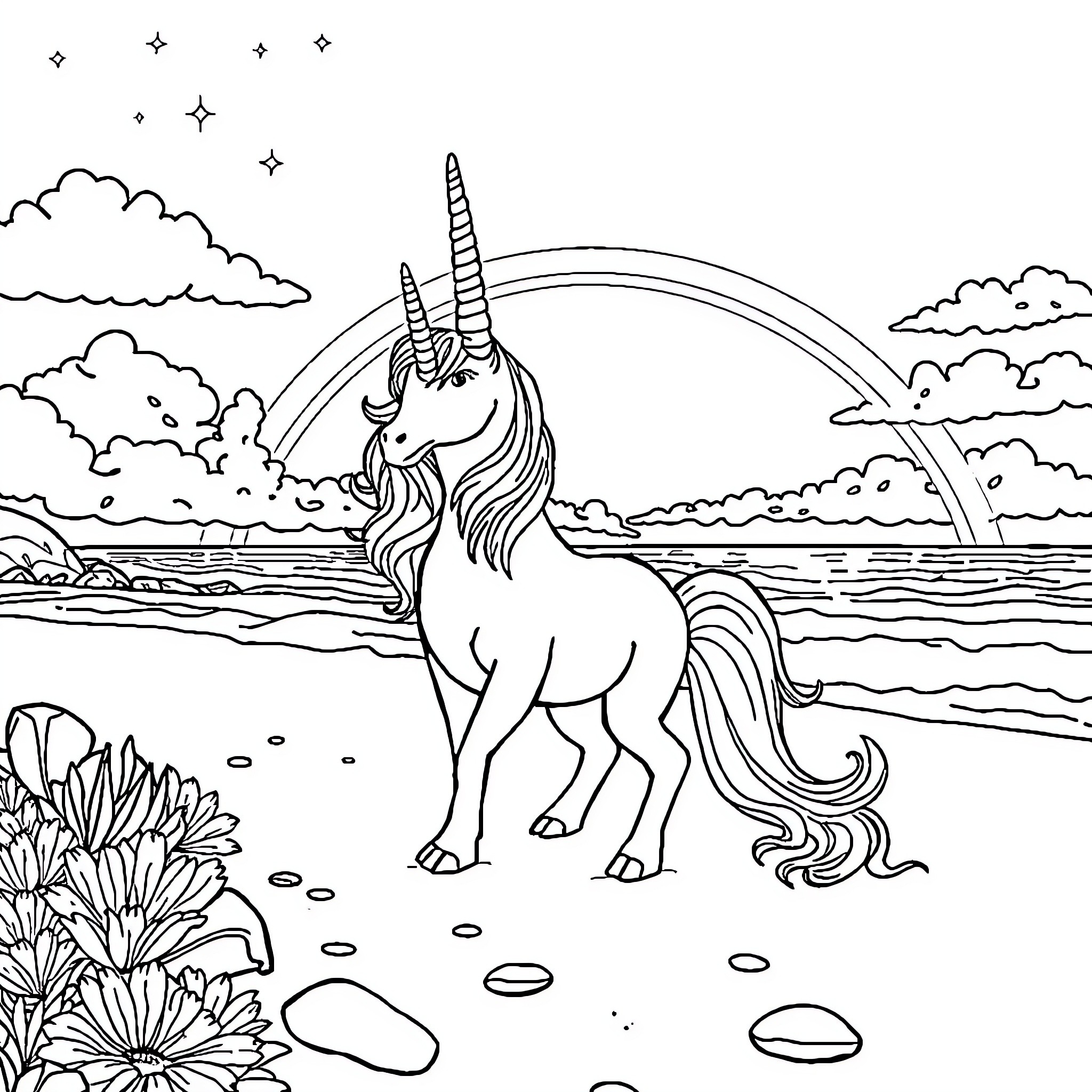 Unicorn gazing at the enchanted seaside landscape Coloring Page (free black-and-white line drawing printable PDF for all, from beginners to advanced learners, including children, teens, adults, and seniors)