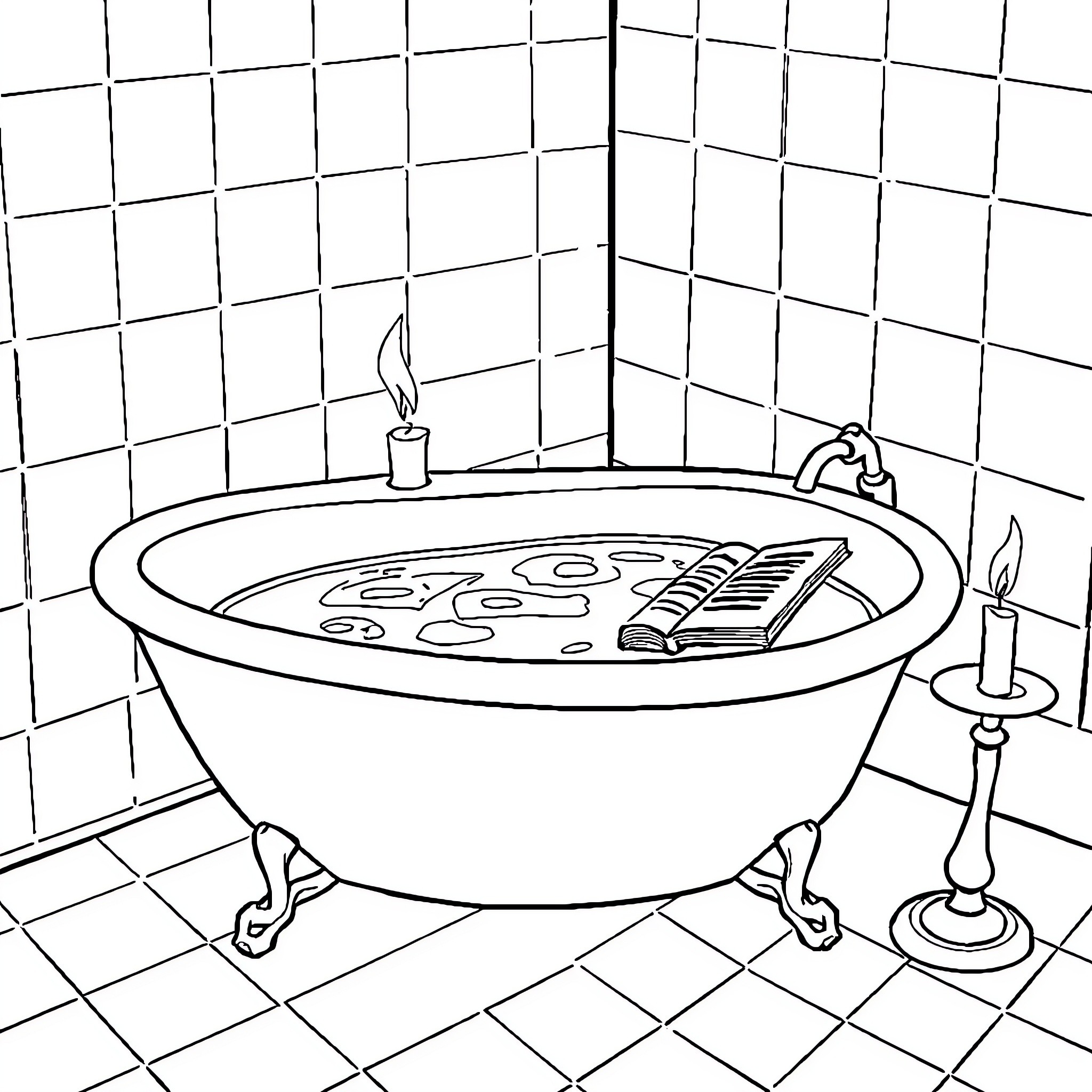 Bathtub with reading material and candles Coloring Page (free black-and-white line drawing printable PDF for all, from beginners to advanced learners, including children, teens, adults, and seniors)