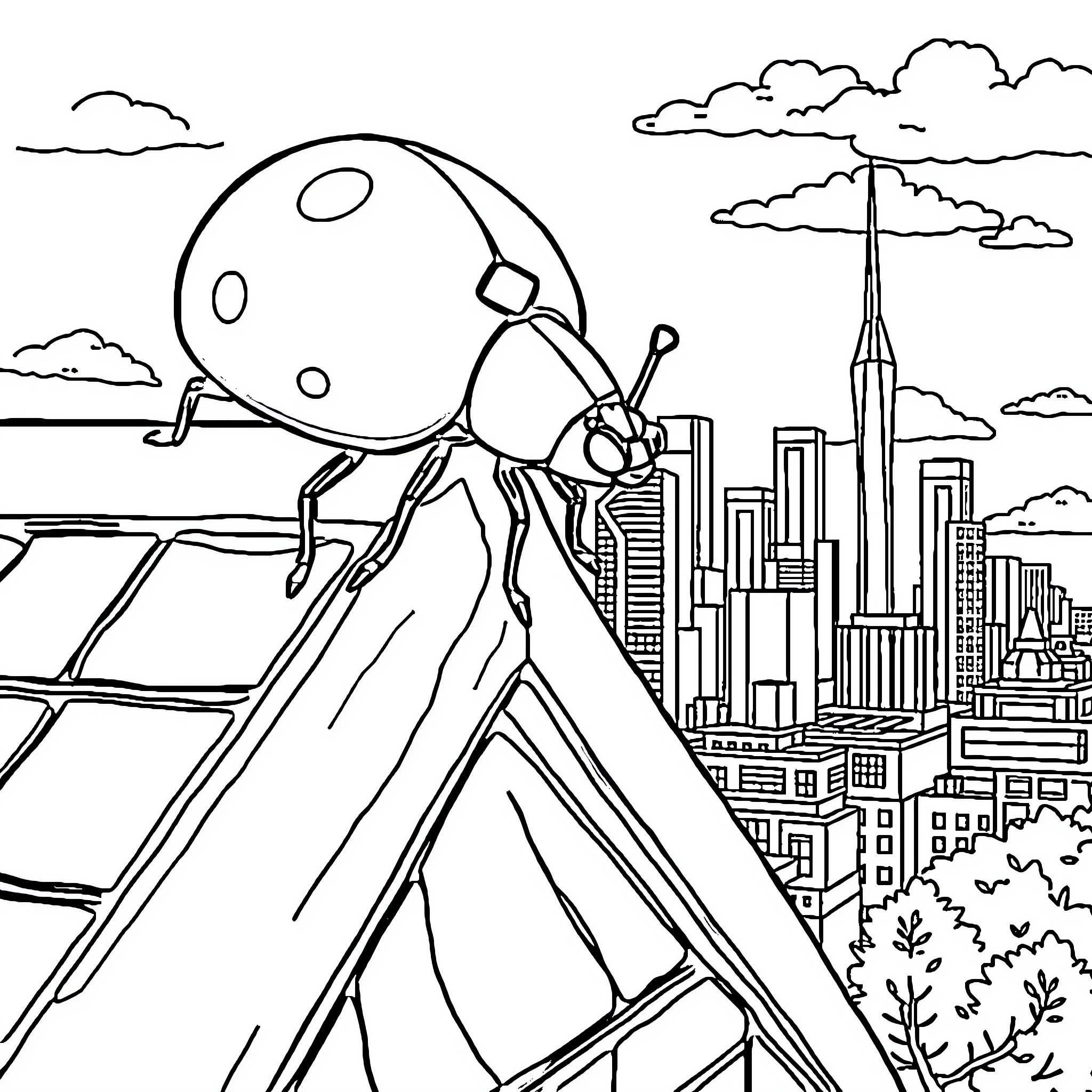 Ladybug climbing over the cityscape Coloring Page (free black-and-white line drawing printable PDF for all, from beginners to advanced learners, including children, teens, adults, and seniors)