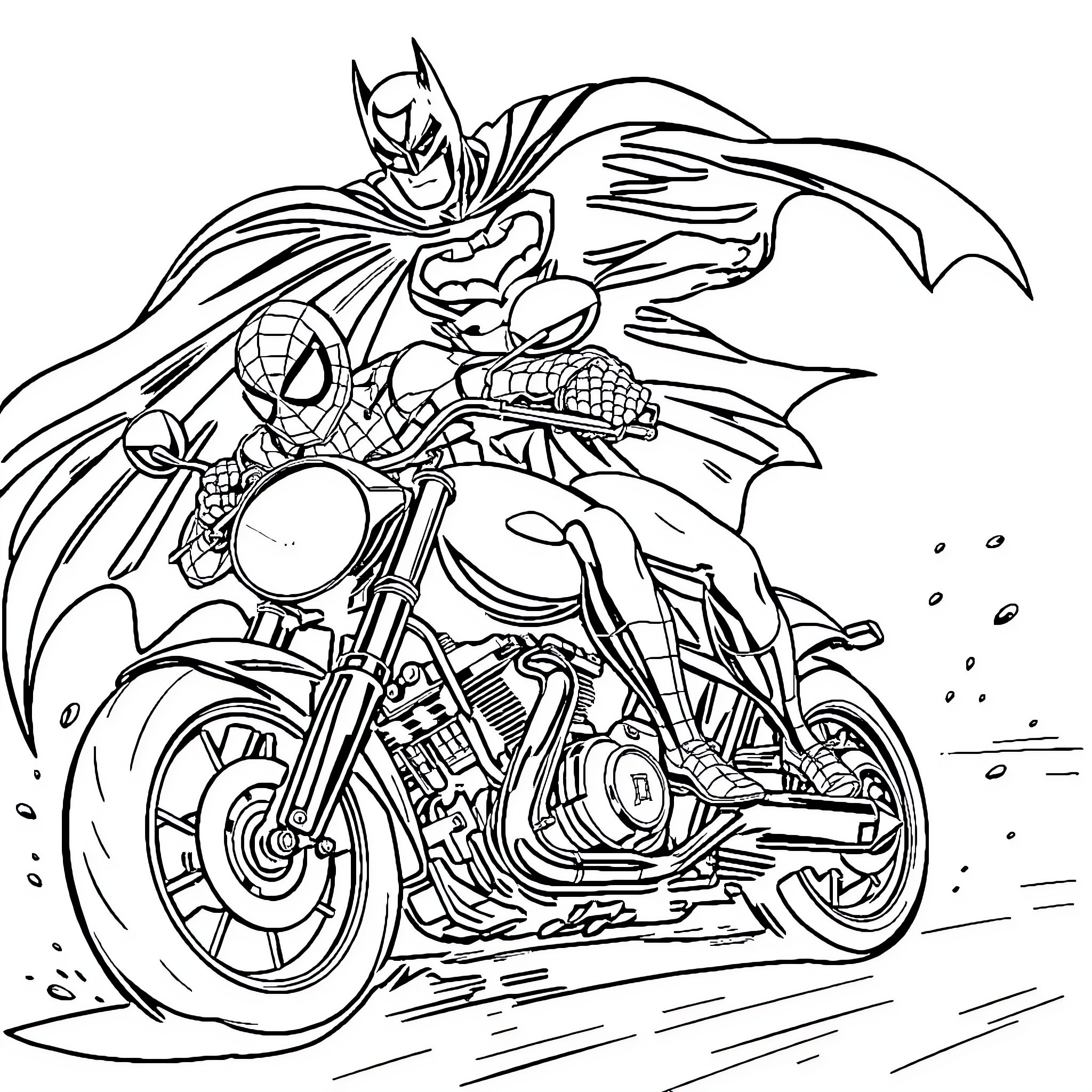 Spiderman and Batman on Motorcycles in Action Coloring Page (free black-and-white line drawing printable PDF for all, from beginners to advanced learners, including children, teens, adults, and seniors)