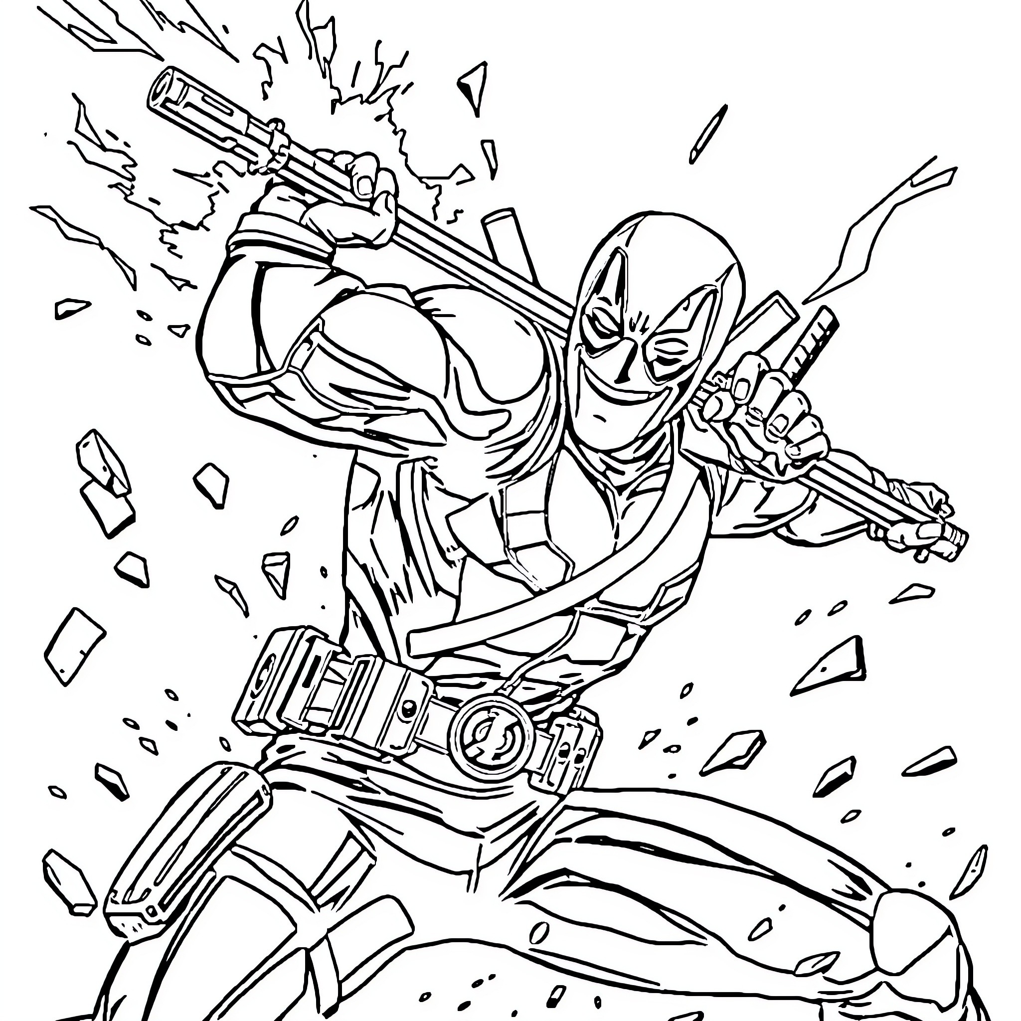 Deadpool in explosive action poses Coloring Page (free black-and-white line drawing printable PDF for all, from beginners to advanced learners, including children, teens, adults, and seniors)