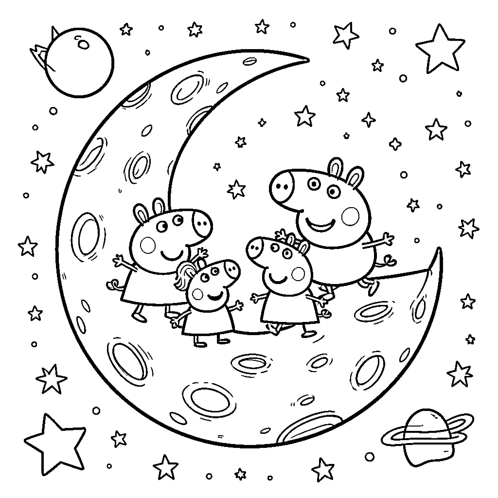 Peppa Pig family exploring the moon and stars Coloring Page (free black-and-white line drawing printable PDF for all, from beginners to advanced learners, including children, teens, adults, and seniors)