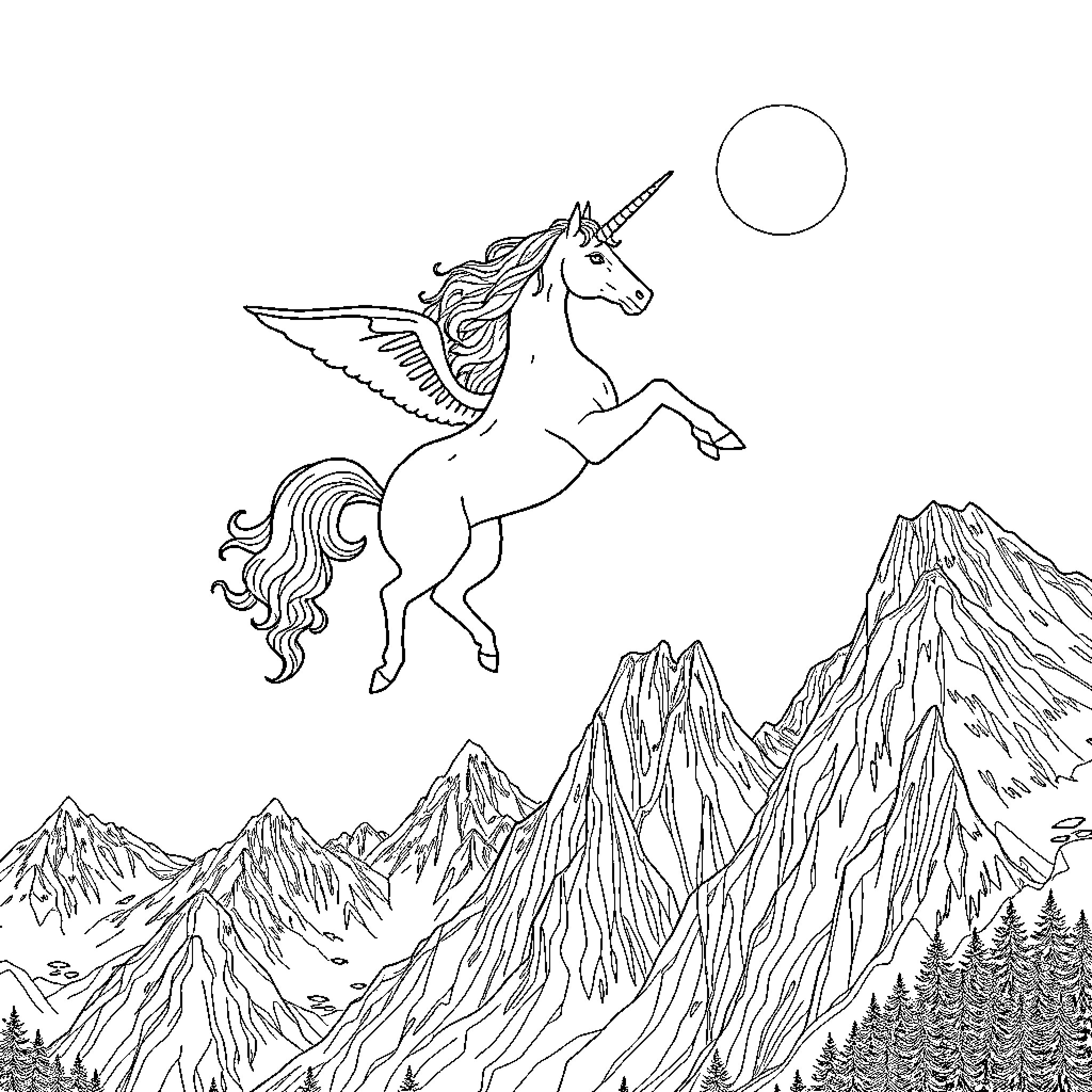 Unicorn soaring over majestic mountain landscape Coloring Page (free black-and-white line drawing printable PDF for all, from beginners to advanced learners, including children, teens, adults, and seniors)
