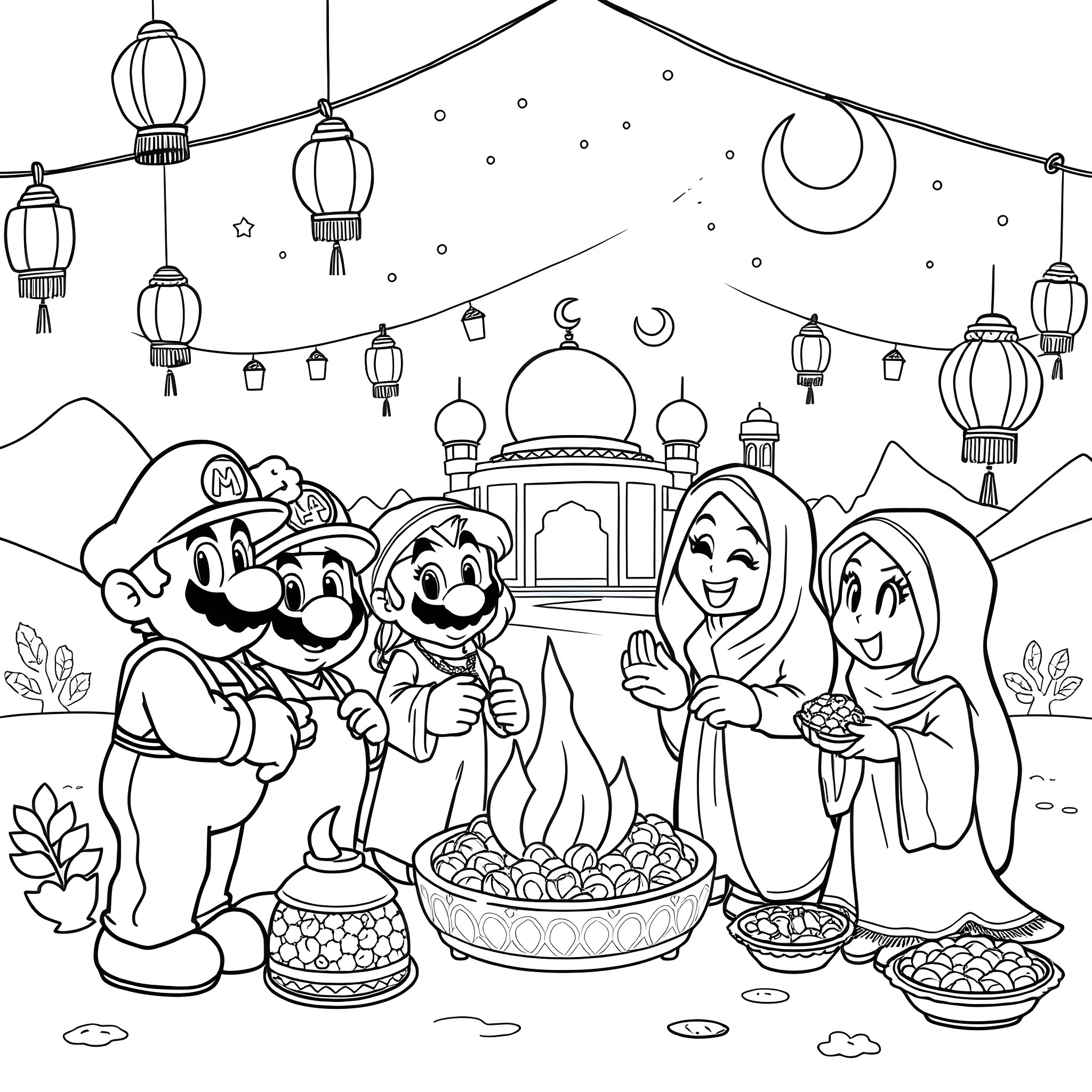 Mario and friends enjoying a festive celebration Coloring Page (free black-and-white line drawing printable PDF for all, from beginners to advanced learners, including children, teens, adults, and seniors)