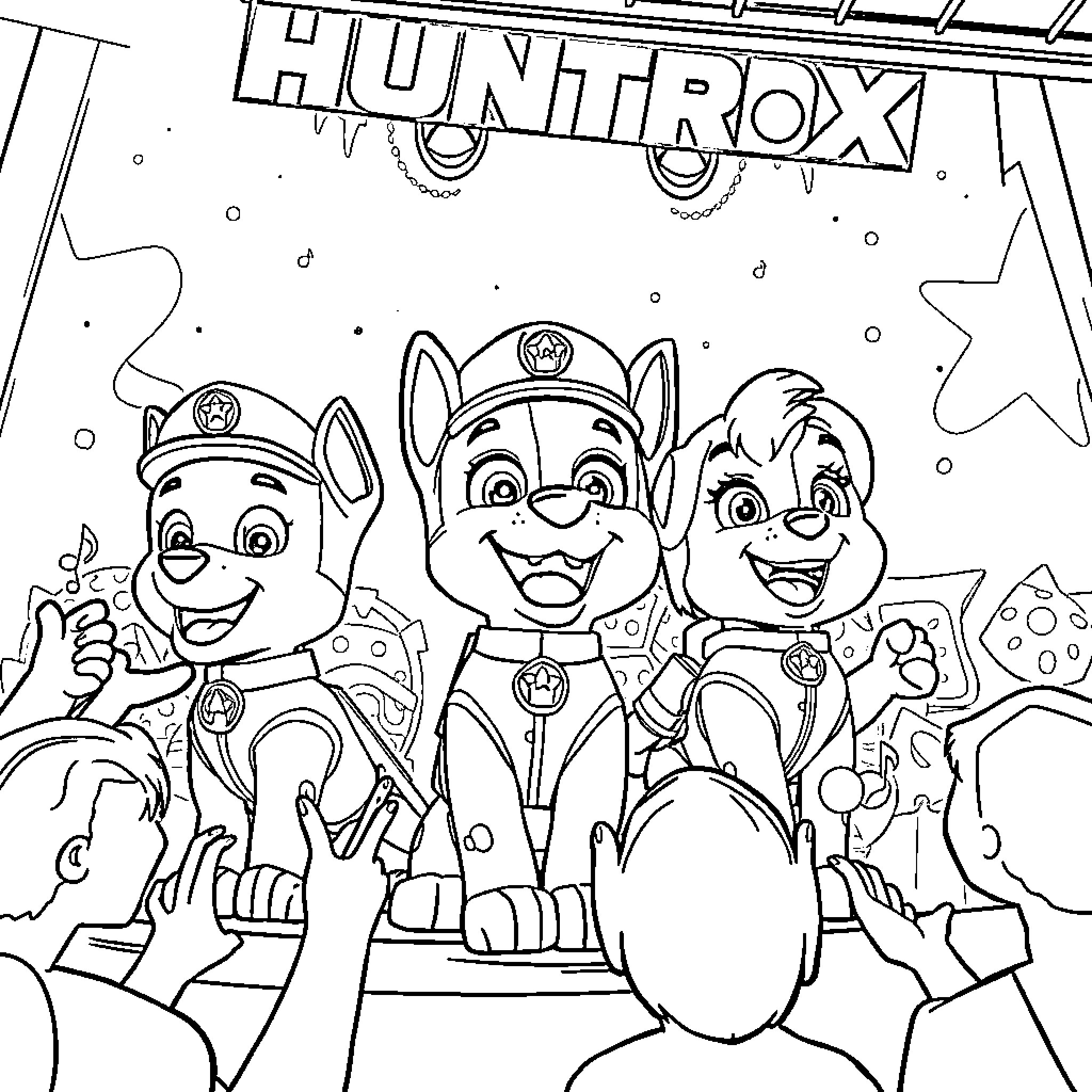 Paw Patrol characters in action-packed scene Coloring Page (free black-and-white line drawing printable PDF for all, from beginners to advanced learners, including children, teens, adults, and seniors)