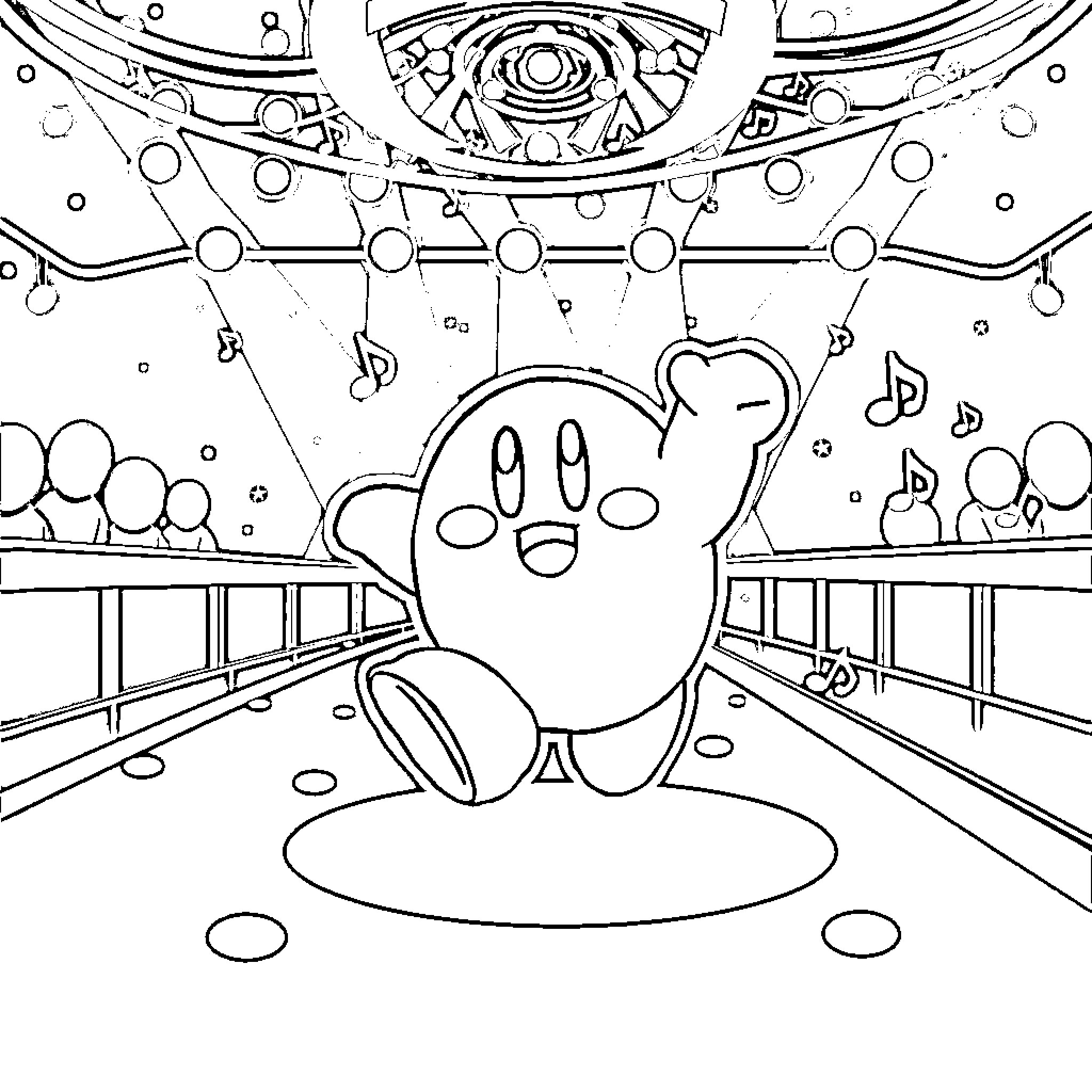 Kirby enjoying a lively musical performance Coloring Page (free black-and-white line drawing printable PDF for all, from beginners to advanced learners, including children, teens, adults, and seniors)