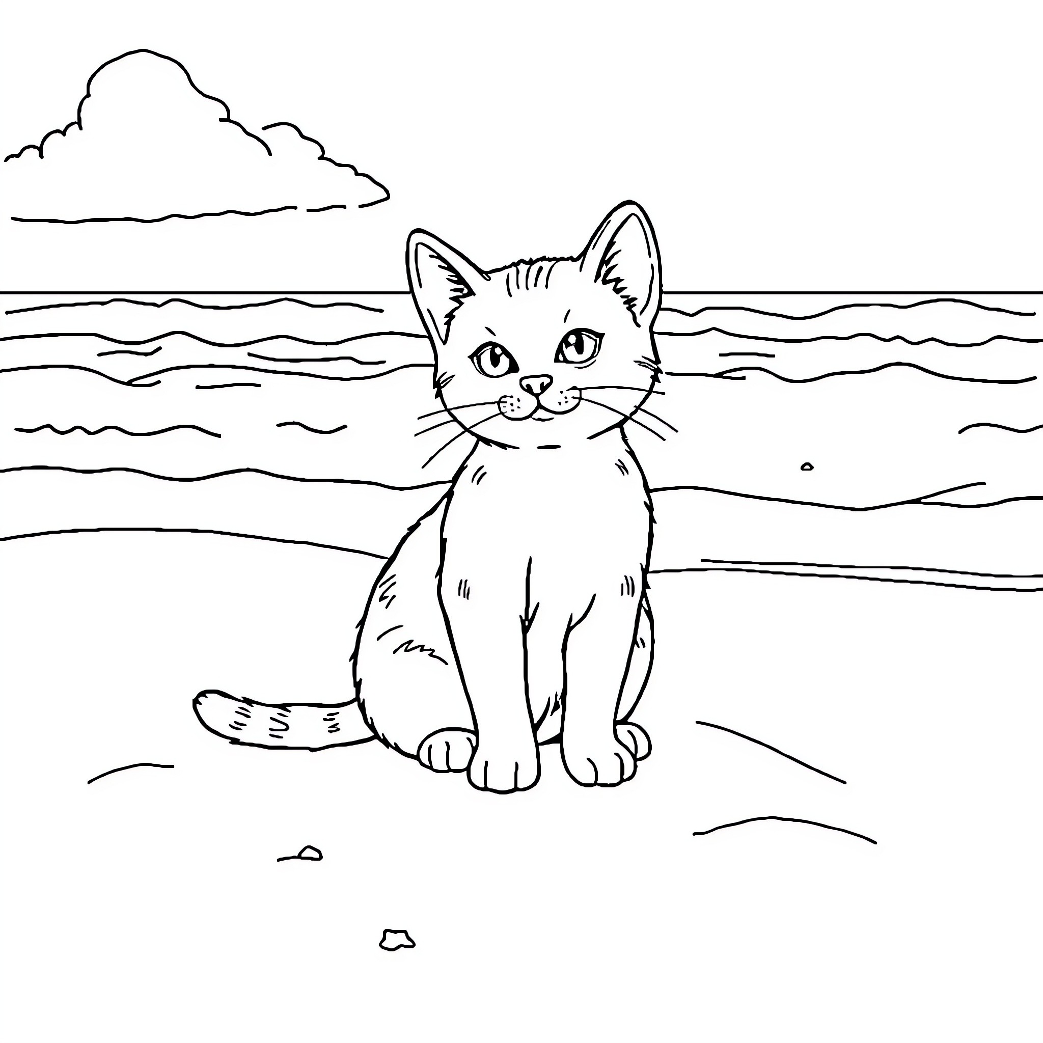 Cat by the seaside Coloring Page (free black-and-white line drawing printable PDF for all, from beginners to advanced learners, including children, teens, adults, and seniors)
