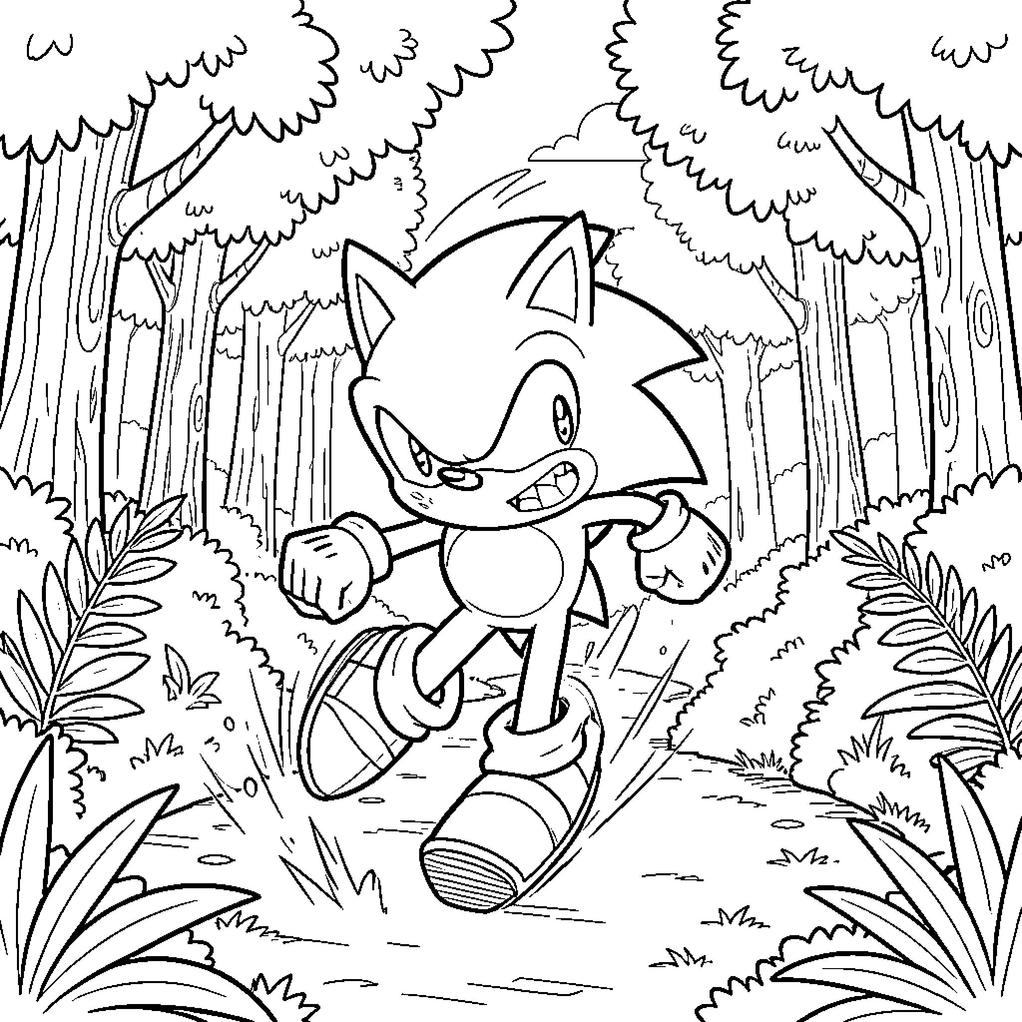 Sonic running energetically through a lush forest Coloring Page (free black-and-white line drawing printable PDF for all, from beginners to advanced learners, including children, teens, adults, and seniors)