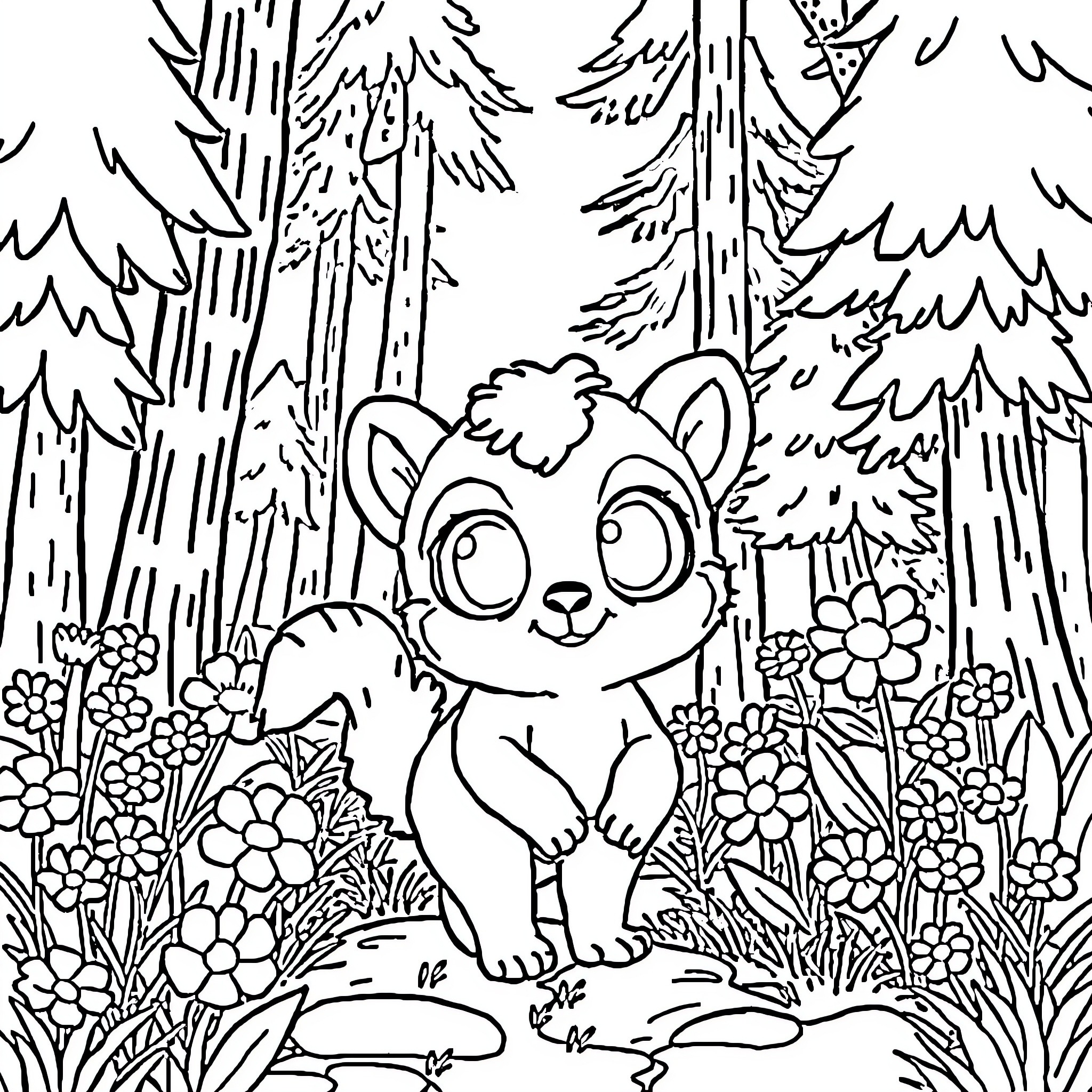 Labubu's Playful Adventure in the Enchanted Forest Coloring Page (free black-and-white line drawing printable PDF for all, from beginners to advanced learners, including children, teens, adults, and seniors)