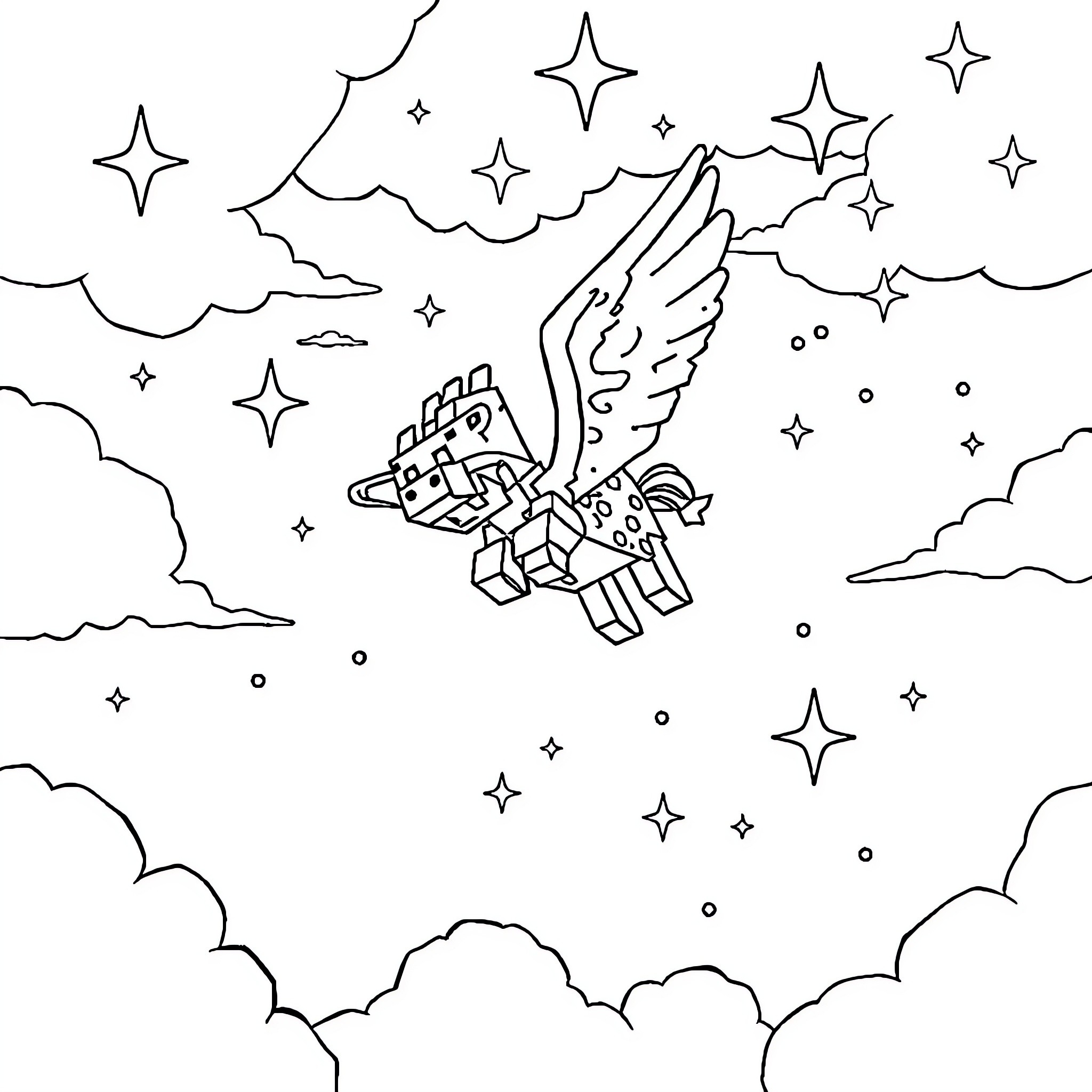 Whither Winged Pixelated Creature Soars Amid Starry Sky Coloring Page (free black-and-white line drawing printable PDF for all, from beginners to advanced learners, including children, teens, adults, and seniors)