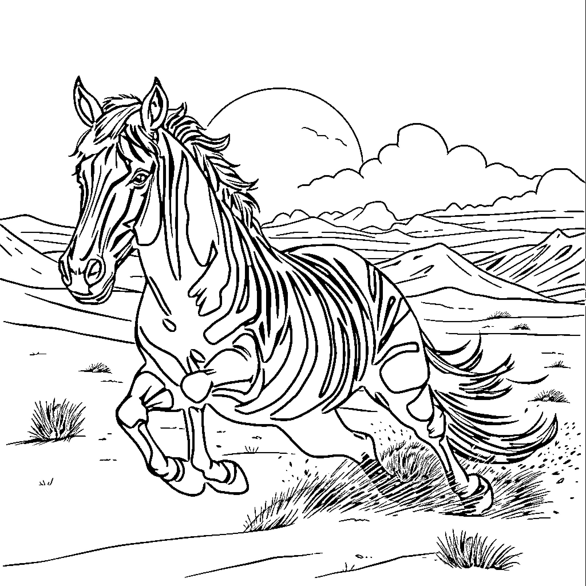 Roadrunner dashing through the desert landscape Coloring Page (free black-and-white line drawing printable PDF for all, from beginners to advanced learners, including children, teens, adults, and seniors)