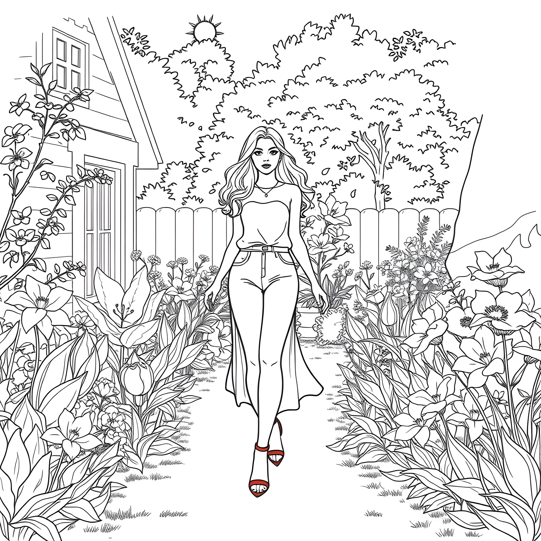 Mom strolling through a lush garden Coloring Page (free black-and-white line drawing printable PDF for all, from beginners to advanced learners, including children, teens, adults, and seniors)
