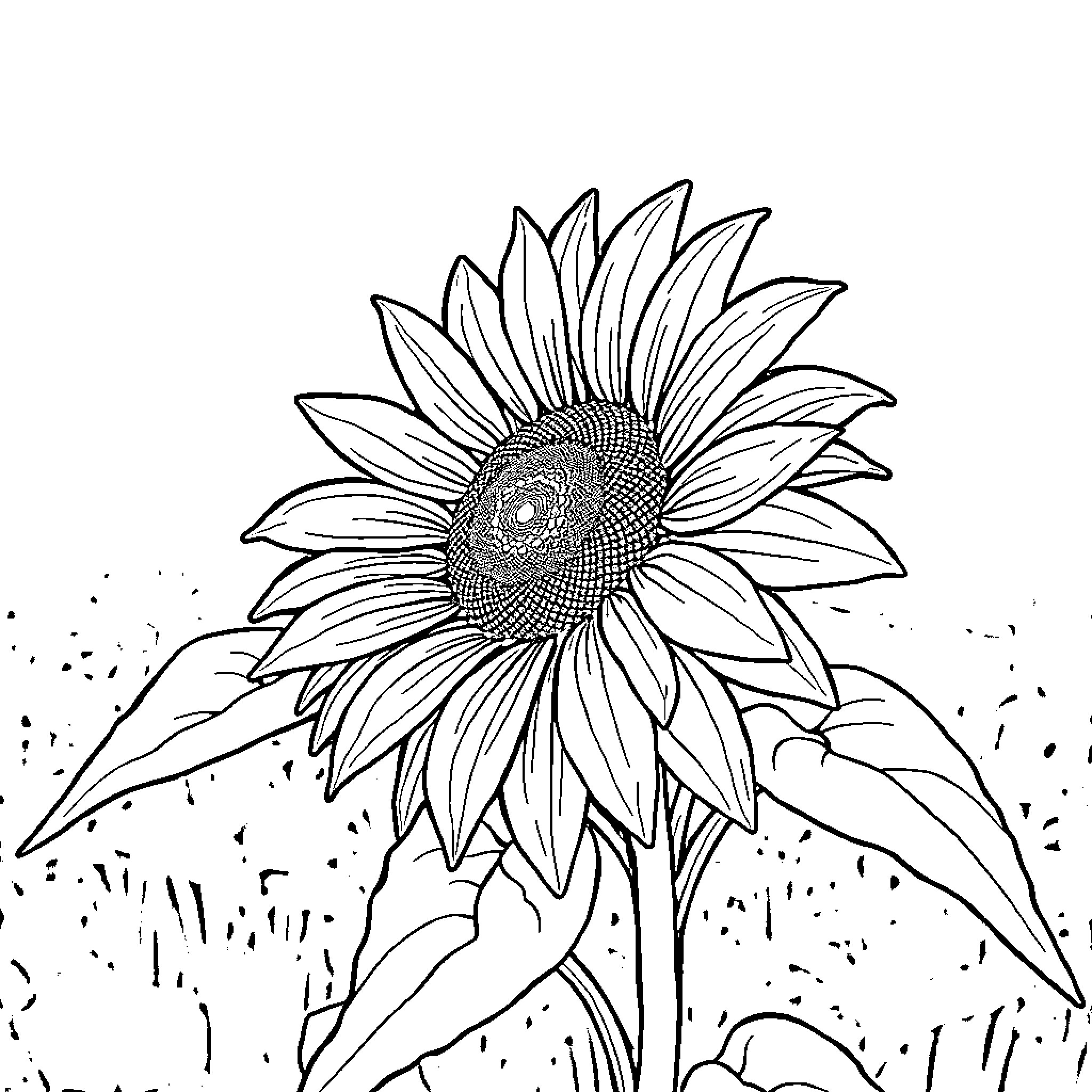 Sunflower in detailed black and white illustration Coloring Page (free black-and-white line drawing printable PDF for all, from beginners to advanced learners, including children, teens, adults, and seniors)