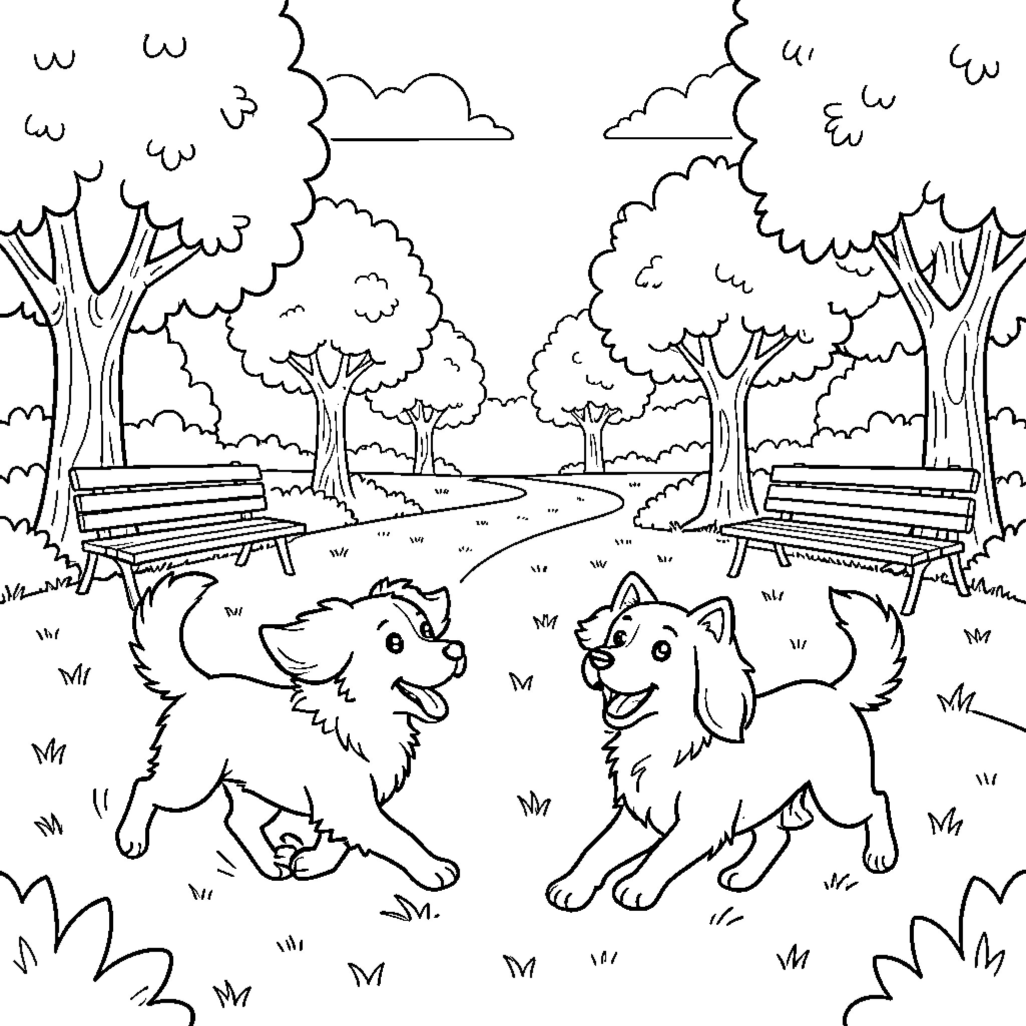 Dogs playing happily in a park Coloring Page (free black-and-white line drawing printable PDF for all, from beginners to advanced learners, including children, teens, adults, and seniors)
