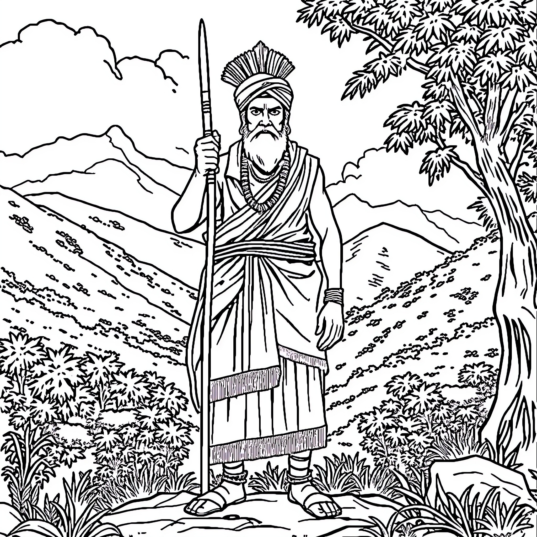 Birsa Munda standing resolute in the wilderness Coloring Page (free black-and-white line drawing printable PDF for all, from beginners to advanced learners, including children, teens, adults, and seniors)