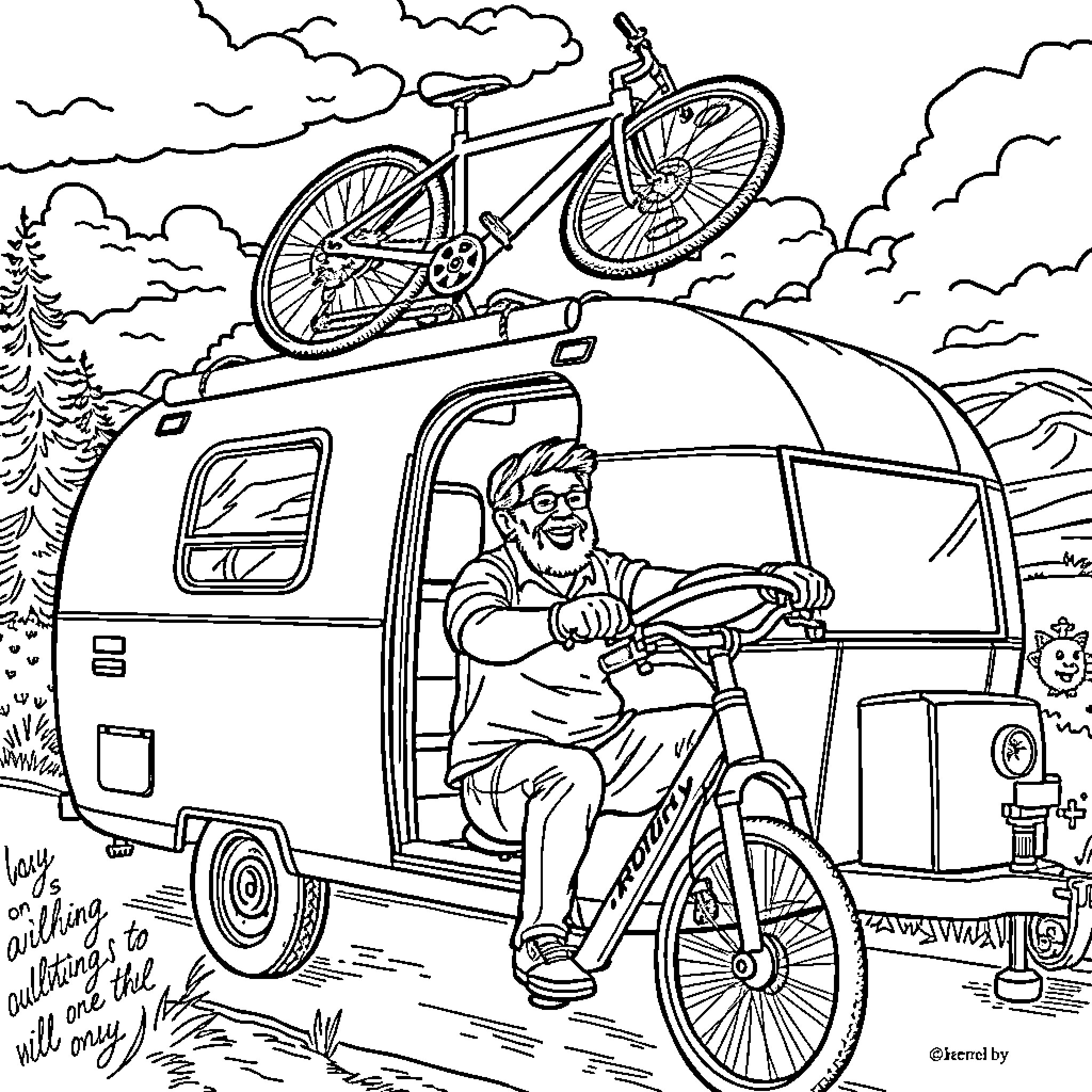 Man enjoying outdoor adventure with bicycle on top of camper van Coloring Page (free black-and-white line drawing printable PDF for all, from beginners to advanced learners, including children, teens, adults, and seniors)