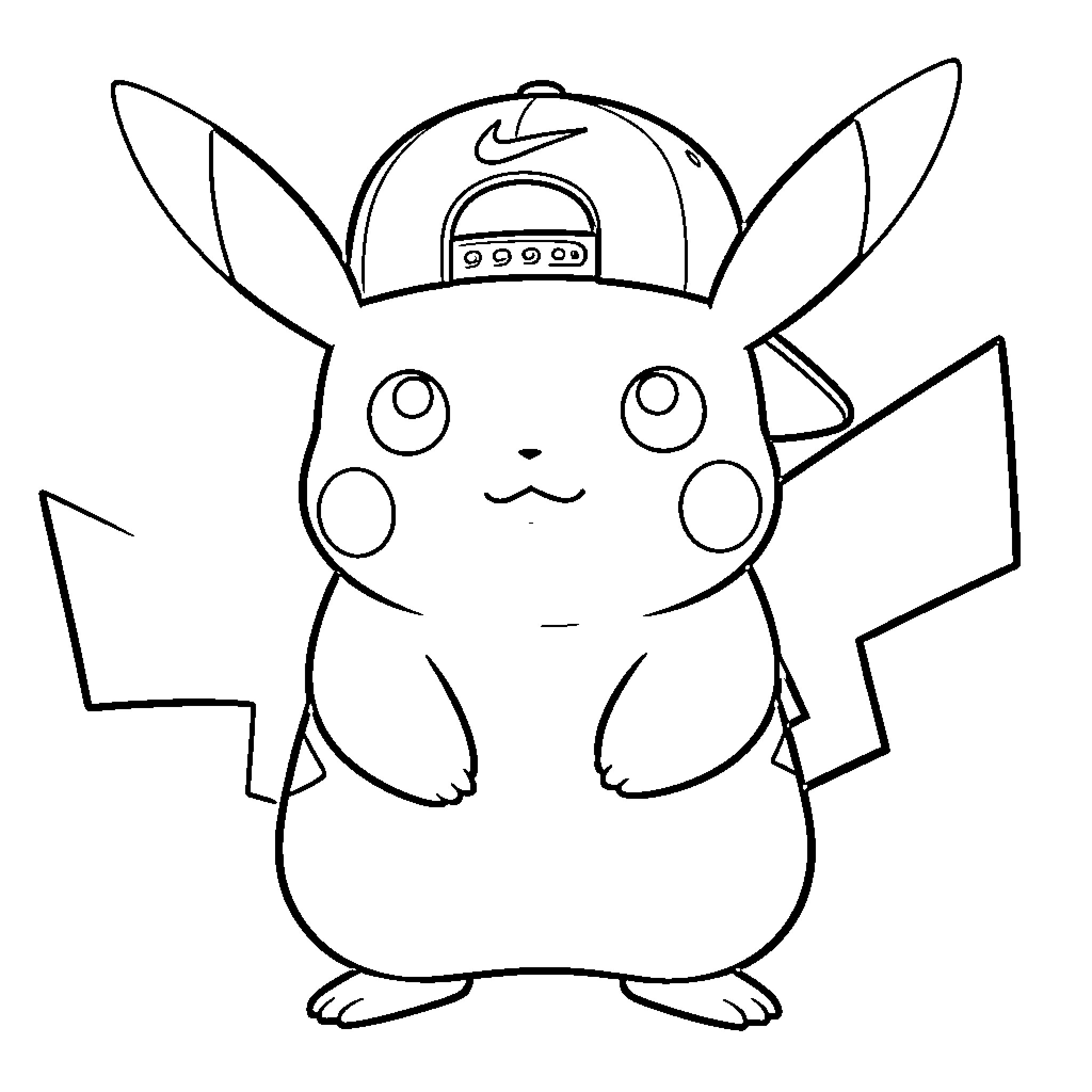 Pikachu wearing a baseball cap and smiling Coloring Page (free black-and-white line drawing printable PDF for all, from beginners to advanced learners, including children, teens, adults, and seniors)