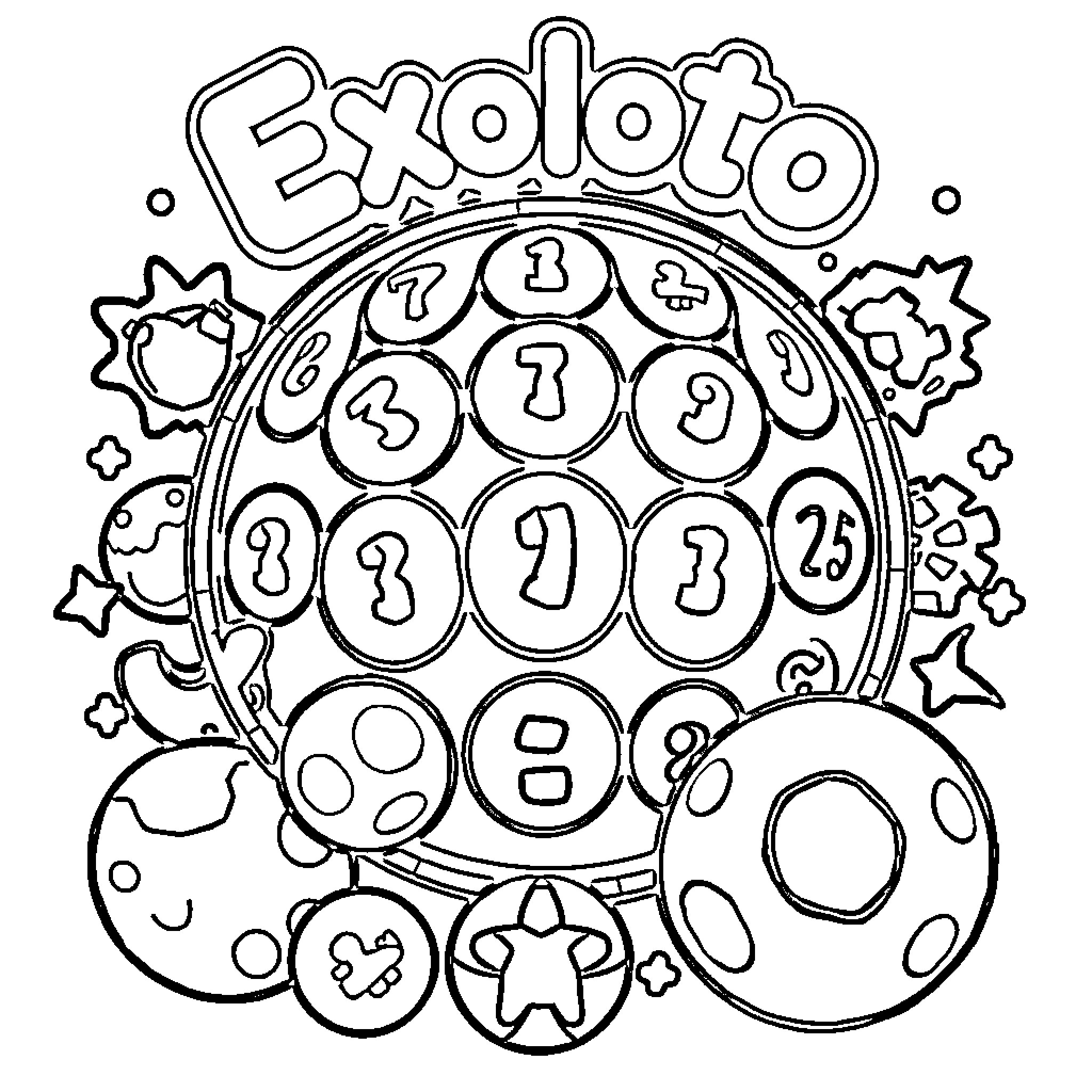 Exoloto: Whimsical and Playful Game Board Design Coloring Page (free black-and-white line drawing printable PDF for all, from beginners to advanced learners, including children, teens, adults, and seniors)