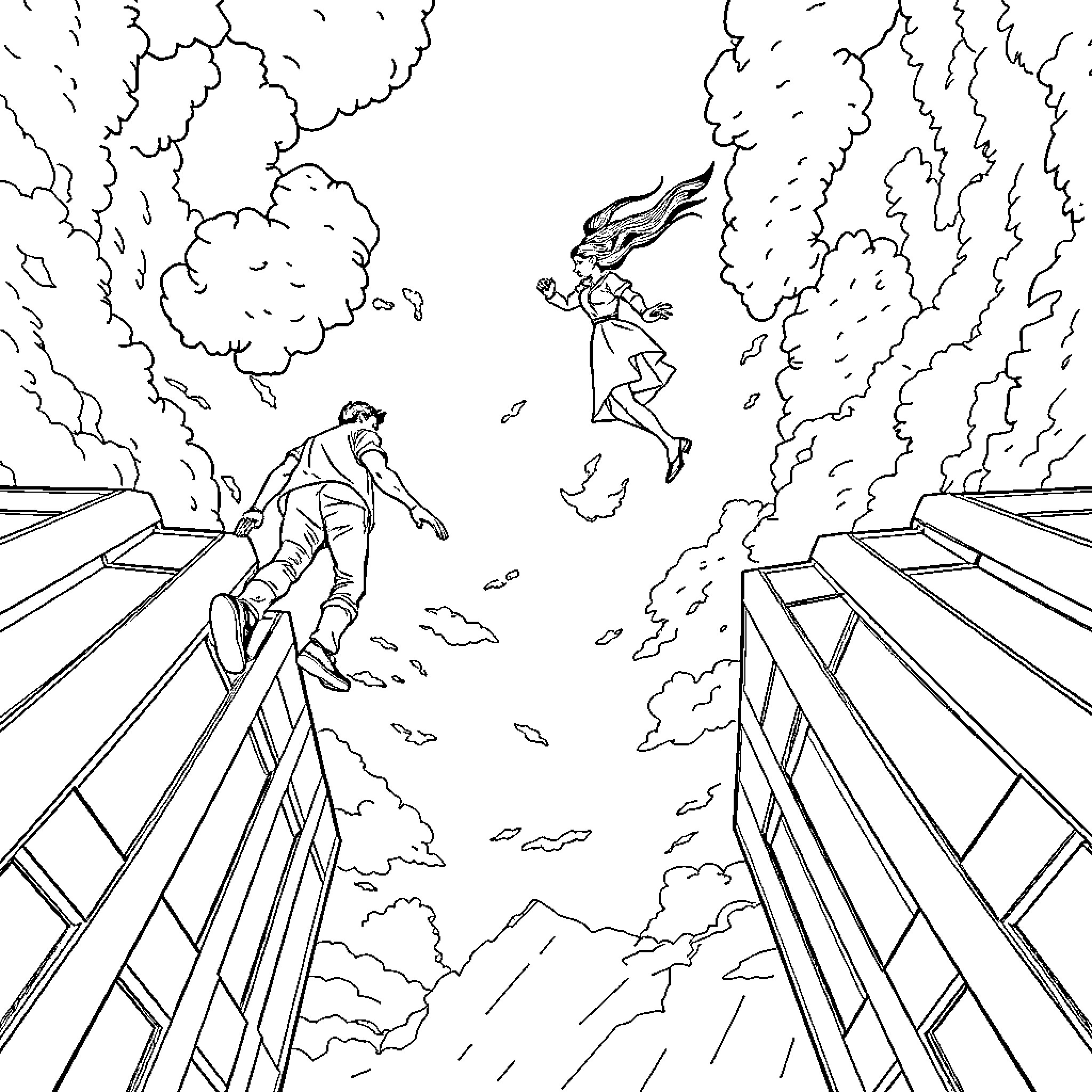 Man and Woman Leaping from Collapsing Bridges Coloring Page (free black-and-white line drawing printable PDF for all, from beginners to advanced learners, including children, teens, adults, and seniors)