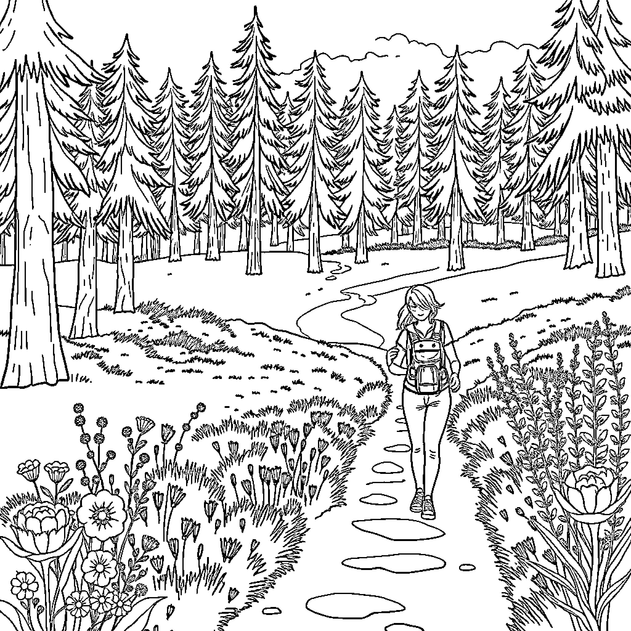Young Man Exploring the Enchanting Forest Landscape Coloring Page (free black-and-white line drawing printable PDF for all, from beginners to advanced learners, including children, teens, adults, and seniors)