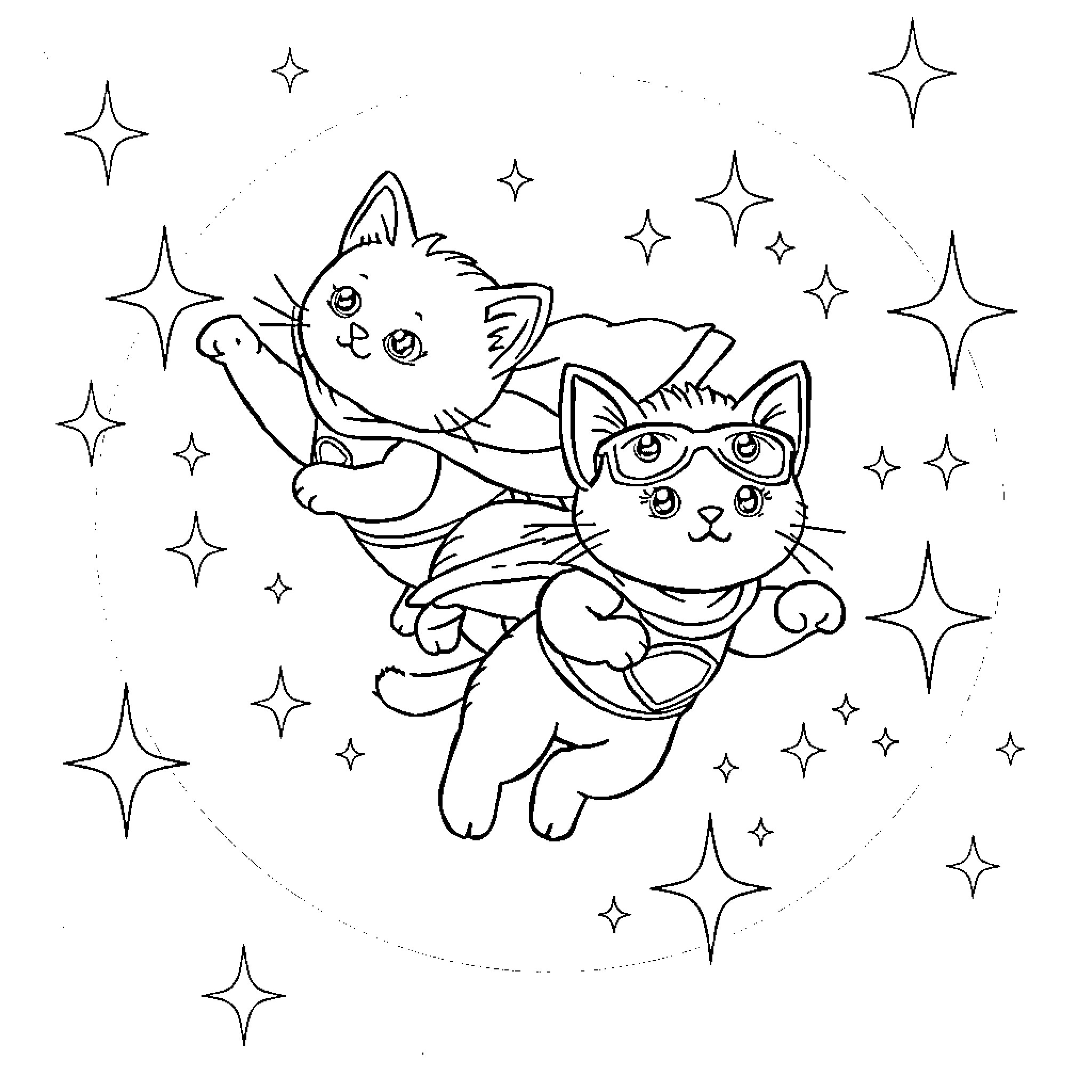 Superkitty Cats Flying Amidst Sparkling Stars Coloring Page (free black-and-white line drawing printable PDF for all, from beginners to advanced learners, including children, teens, adults, and seniors)