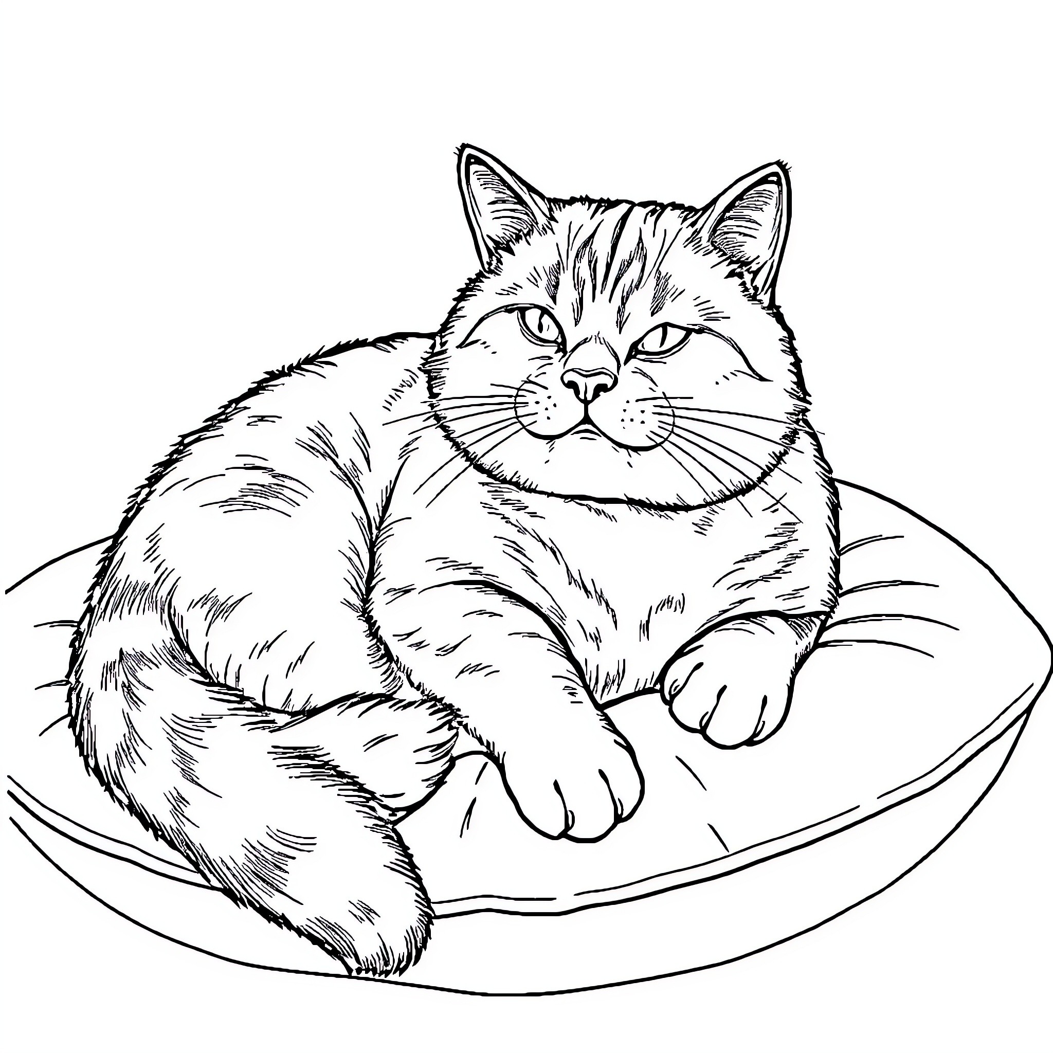Cat relaxing comfortably on a pillow Coloring Page (free black-and-white line drawing printable PDF for all, from beginners to advanced learners, including children, teens, adults, and seniors)