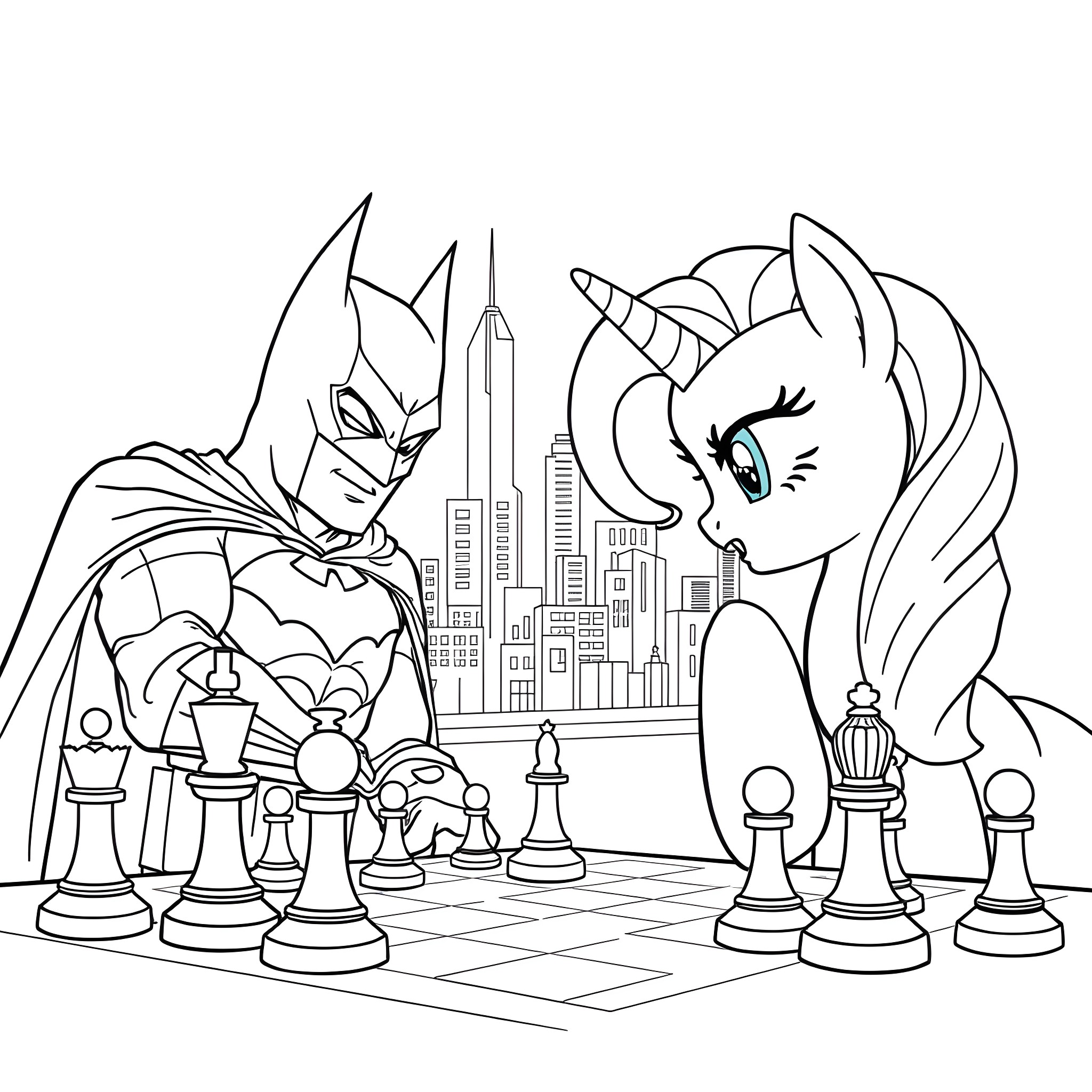Twilight Sparkle playing chess with Batman in the city Coloring Page (free black-and-white line drawing printable PDF for all, from beginners to advanced learners, including children, teens, adults, and seniors)